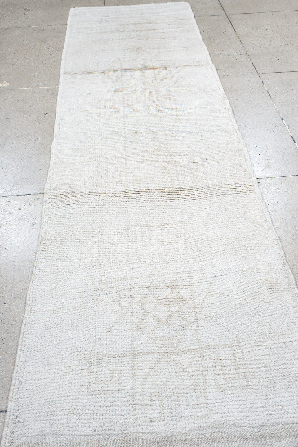 3' x 10' one-of-a-kind handmade vintage Kars runner rug. Color palette: ivory, cream, taupe, pale gray, beige, gray