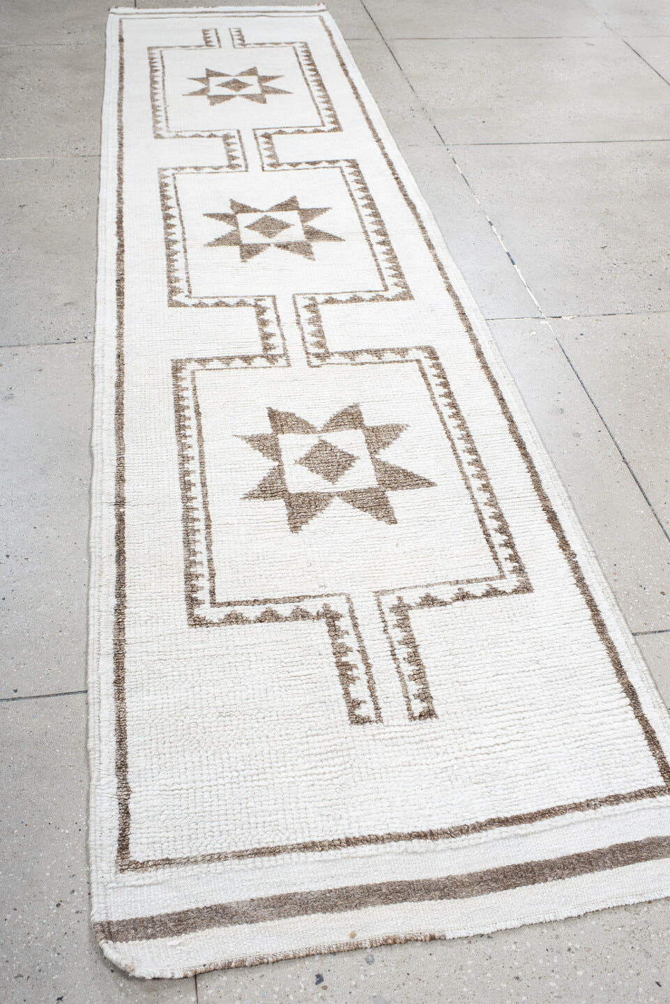 2' x 12' one-of-a-kind handmade vintage Kars runner rug. Color palette: ivory, taupe, beige, camel, gray