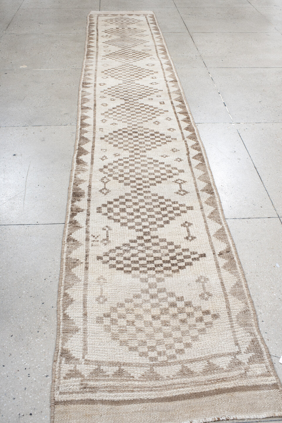 2' x 15' one-of-a-kind handmade vintage Kars runner rug. Color palette: ivory, taupe, beige, sand, gray
