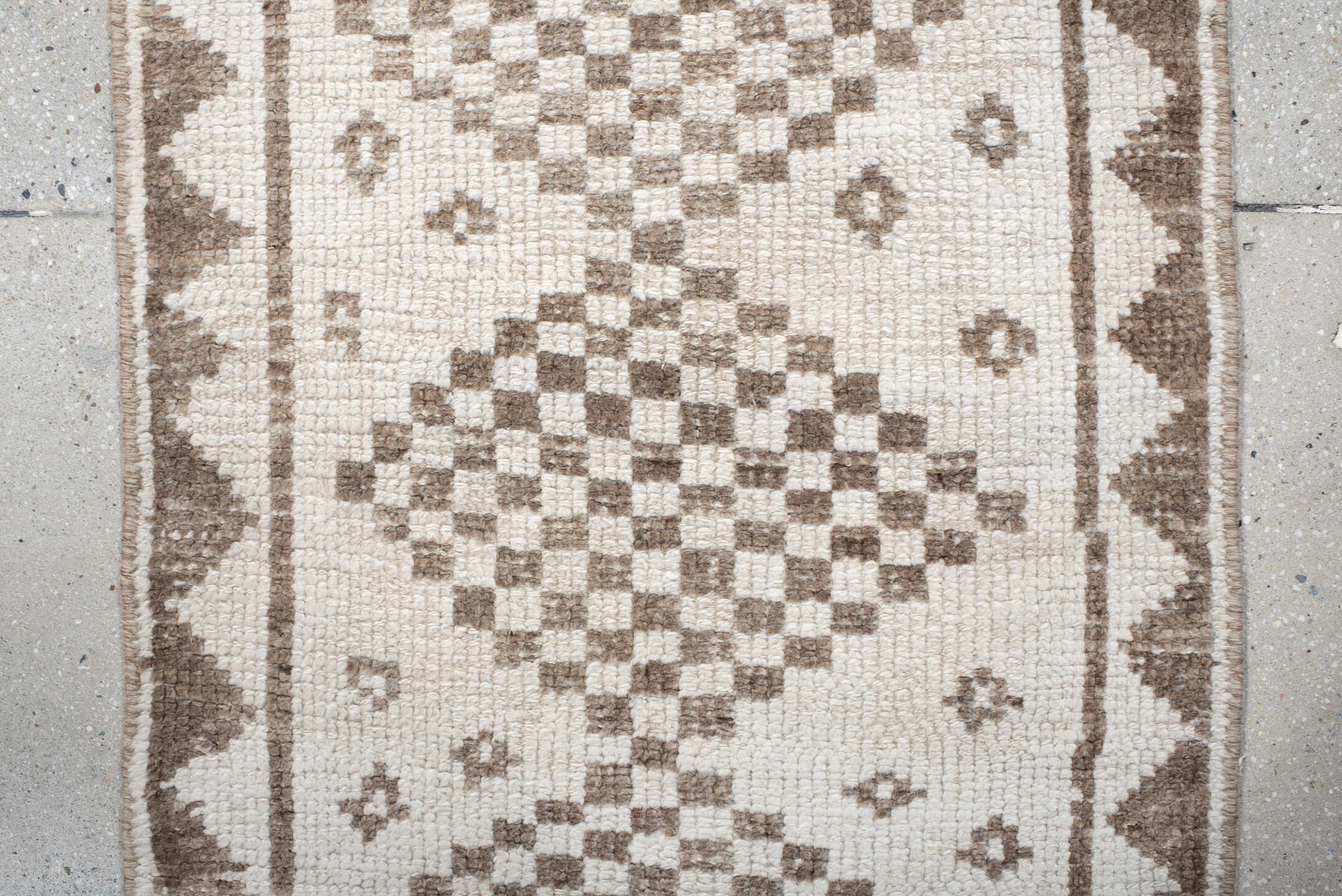 2' x 15' one-of-a-kind handmade vintage Kars runner rug. Color palette: ivory, taupe, beige, sand, gray