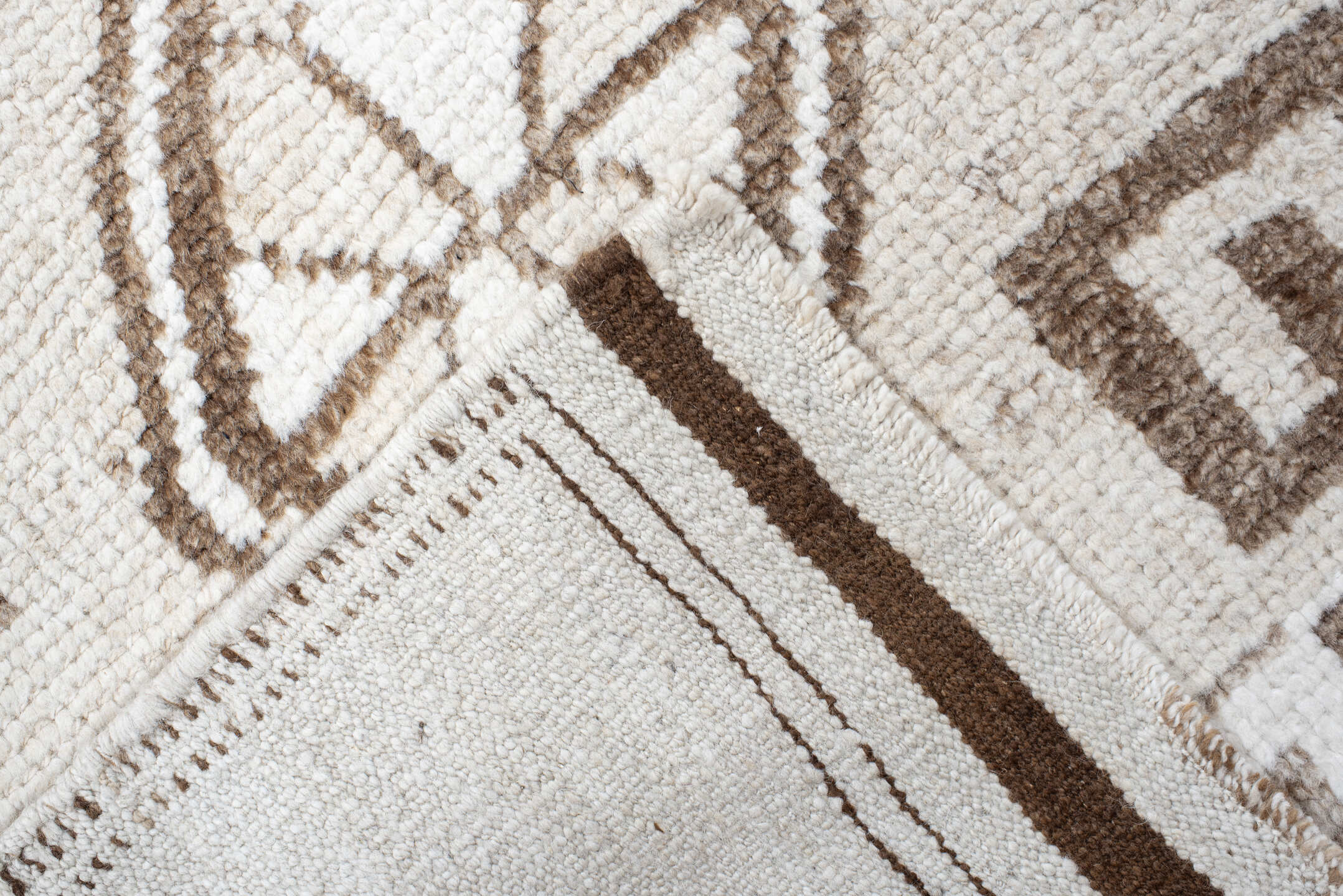 3' x 11' one-of-a-kind handmade vintage Kars runner rug. Color palette: brown, gainsboro, gray, light gray, linen, off-white