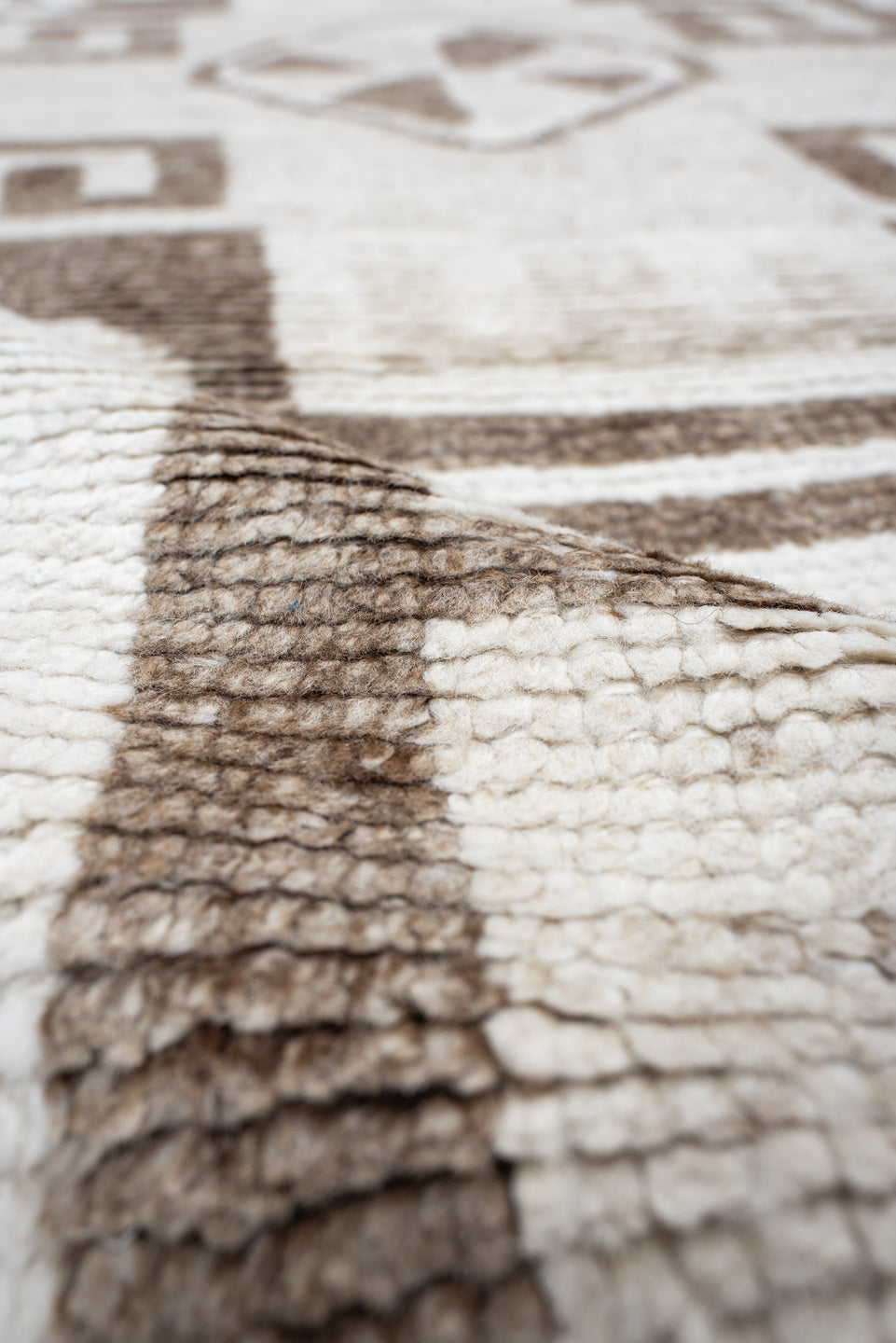 3' x 11' one-of-a-kind handmade vintage Kars runner rug. Color palette: brown, gainsboro, gray, light gray, linen, off-white