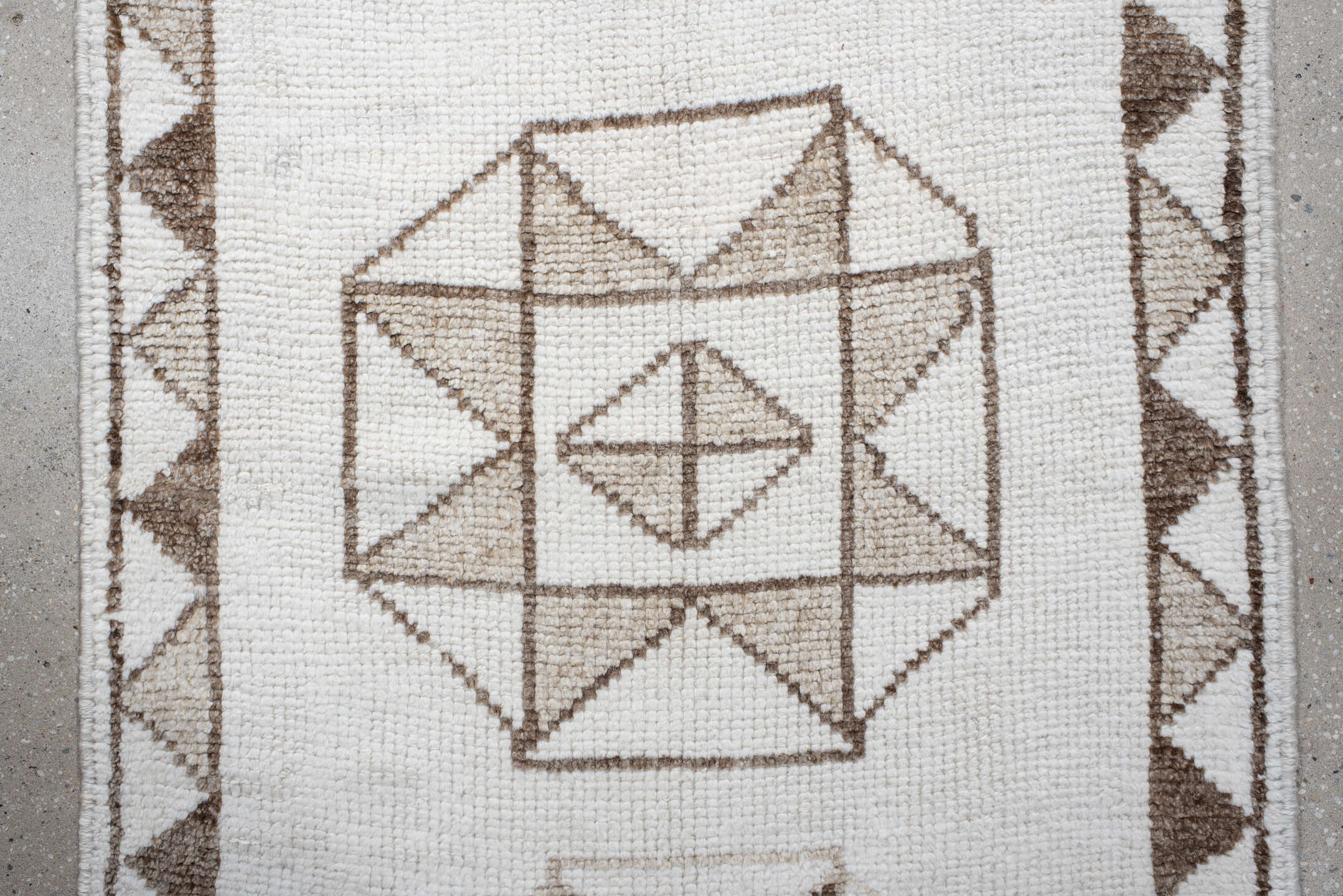 3' x 10' one-of-a-kind handmade vintage Kars runner rug. Color palette: brown, dark gray, gray, light gray, off-white, pink