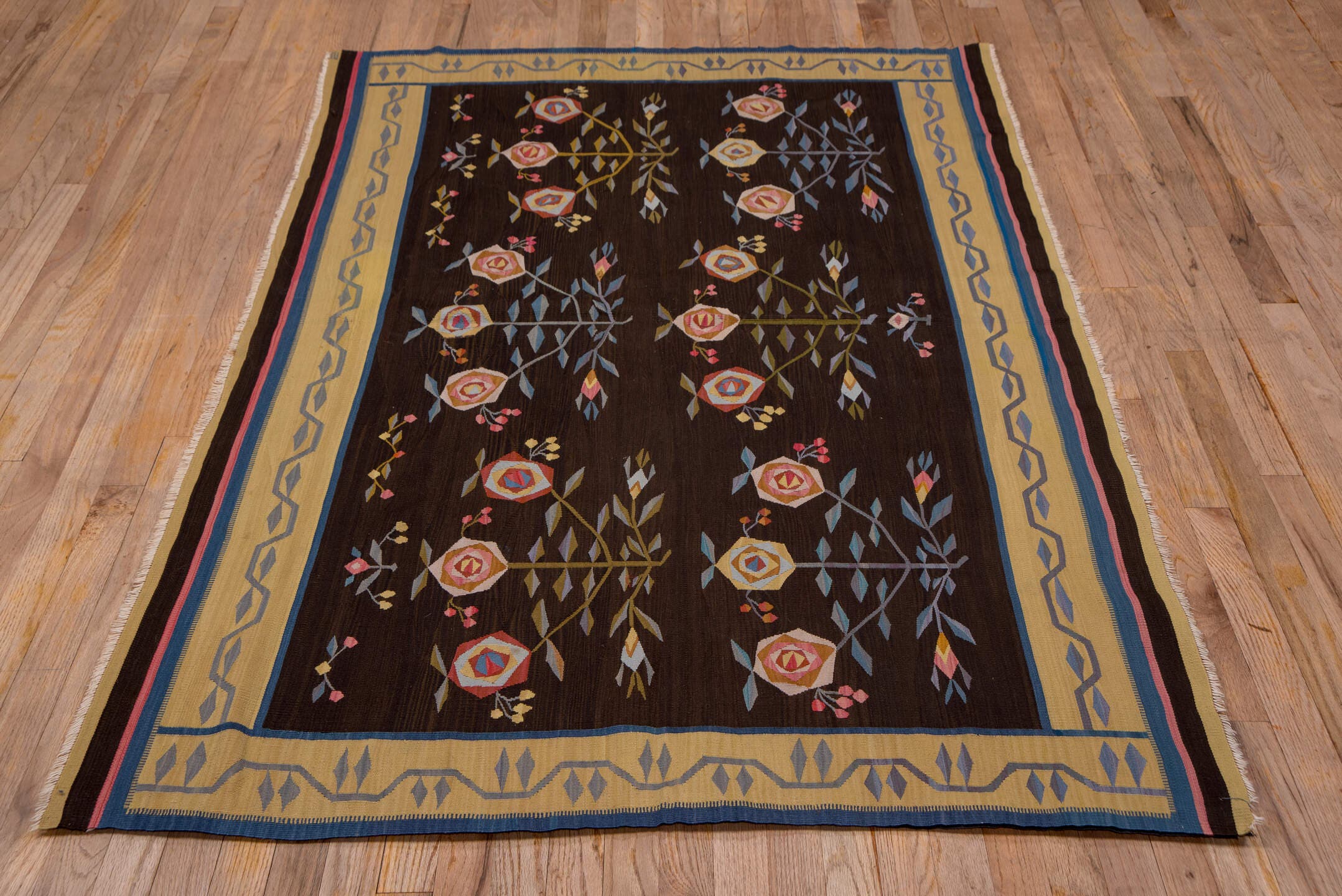 4' x 6' one-of-a-kind handmade antique Kilim small size rug. Color palette: brown, camel, blue, rose, ivory, olive, rust