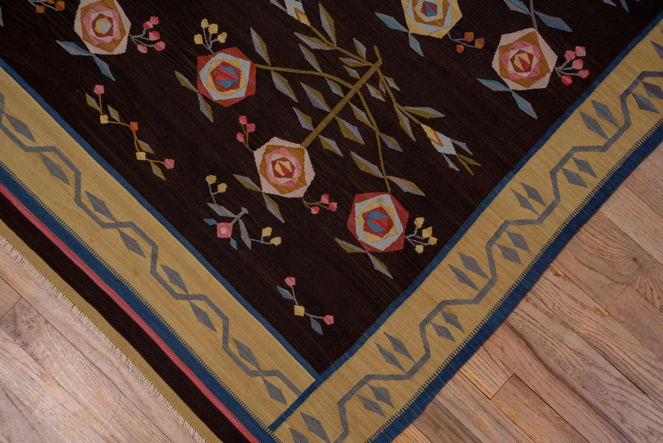 4' x 6' one-of-a-kind handmade vintage Kilim small size rug. Color palette: black, blue, brown, charcoal, gray, pink