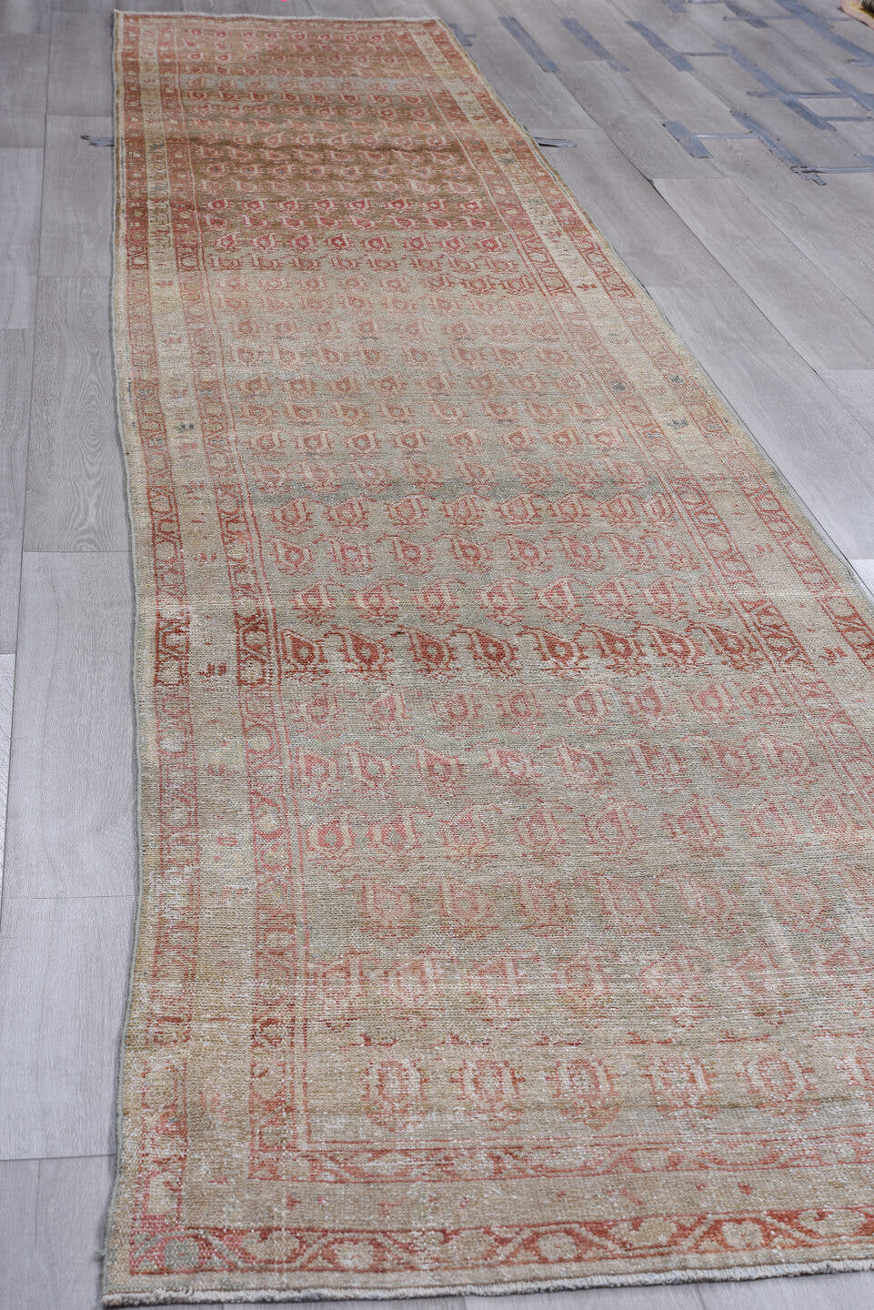 3' x 16' one-of-a-kind handmade antique Malayer runner rug. Color palette: ivory, rose, rust, taupe, brown, pink, red