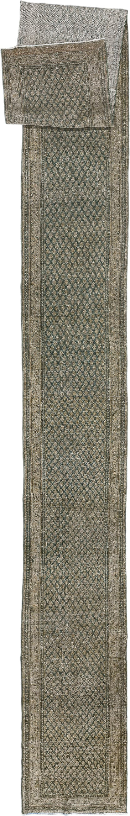 2' x 23' one-of-a-kind handmade antique Saraband runner rug. Color palette: taupe, slate, ivory, camel, charcoal, beige