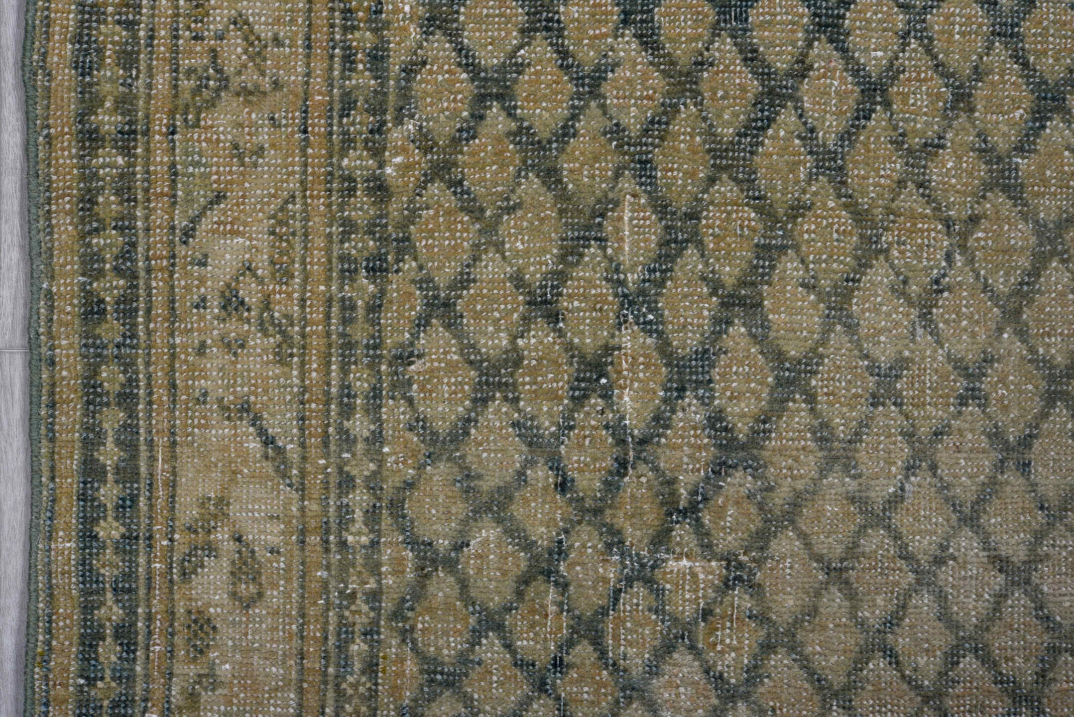 2' x 23' one-of-a-kind handmade antique Saraband runner rug. Color palette: taupe, slate, ivory, camel, charcoal, beige