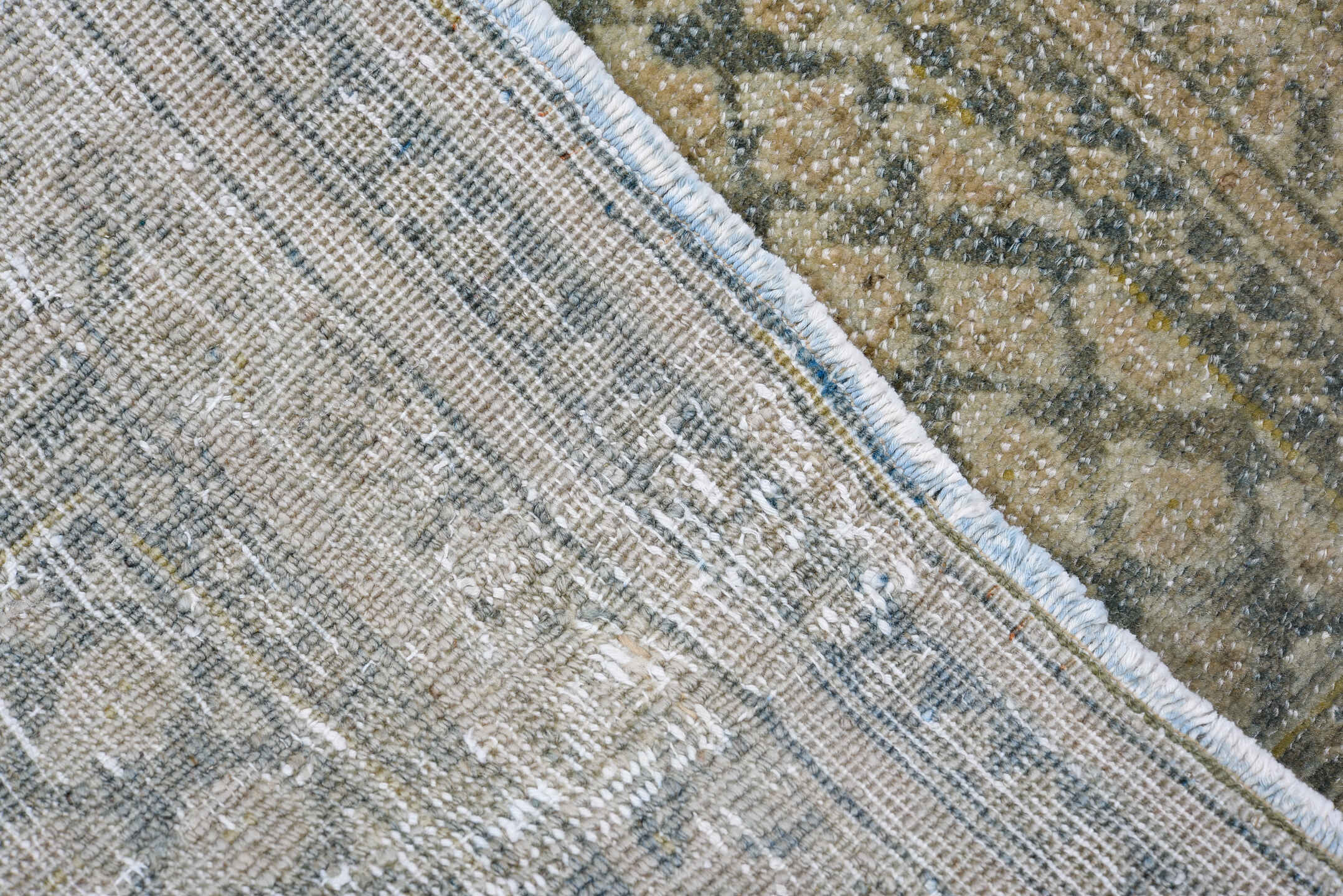 2' x 23' one-of-a-kind handmade antique Saraband runner rug. Color palette: taupe, slate, ivory, camel, charcoal, beige