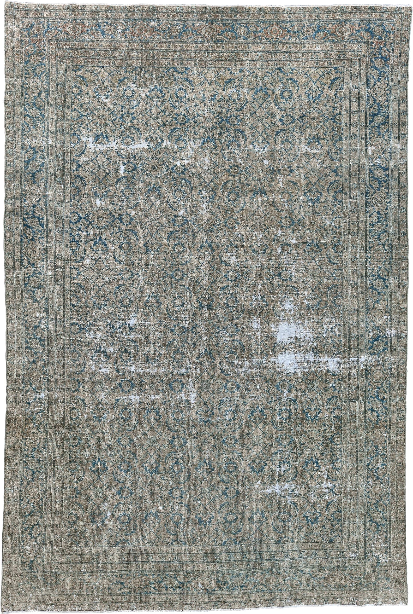 7' x 11' one-of-a-kind handmade antique Sivas large size rug. Color palette: taupe, blue, ivory, beige, slate, gray