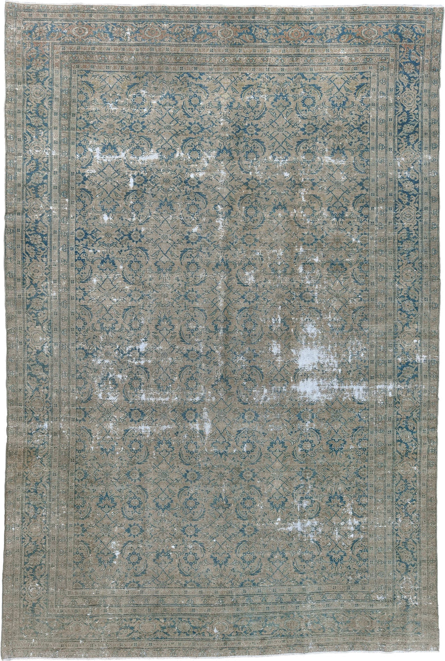 7' x 11' one-of-a-kind handmade antique Sivas large size rug. Color palette: taupe, blue, ivory, beige, slate, gray