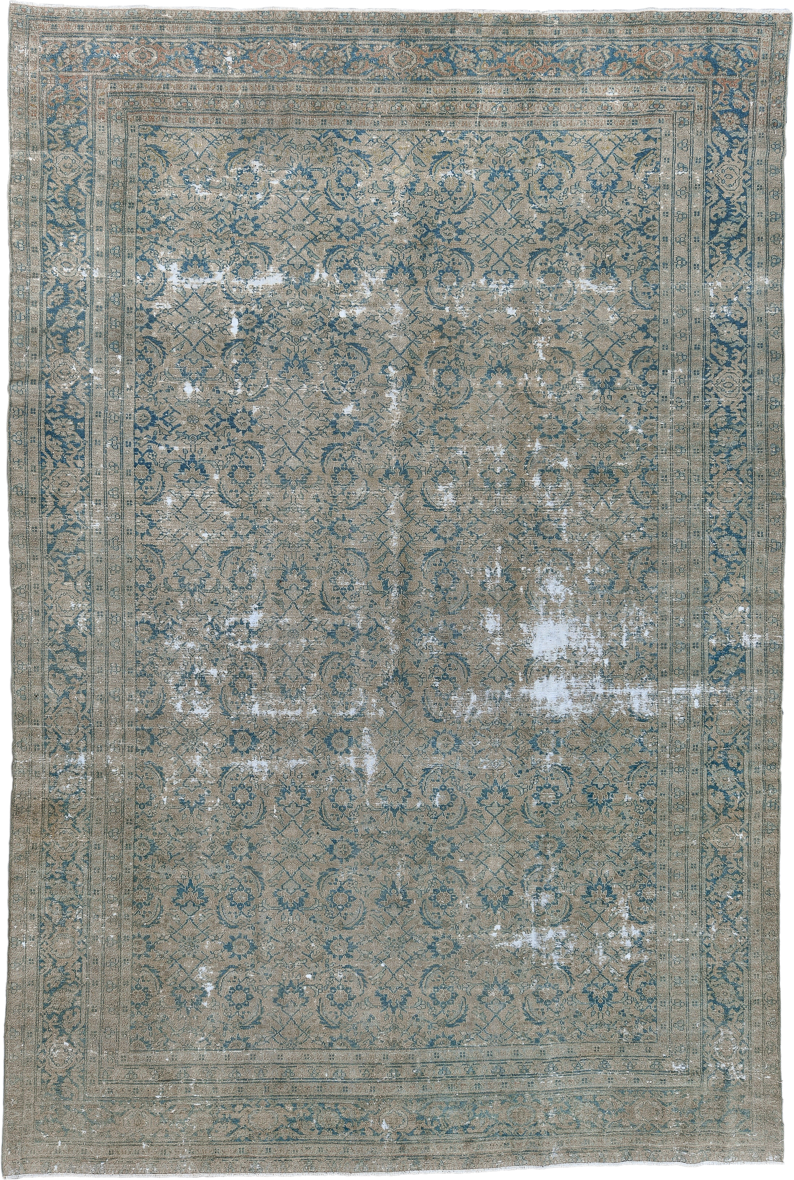 7' x 11' one-of-a-kind handmade antique Sivas large size rug. Color palette: taupe, blue, ivory, beige, slate, gray