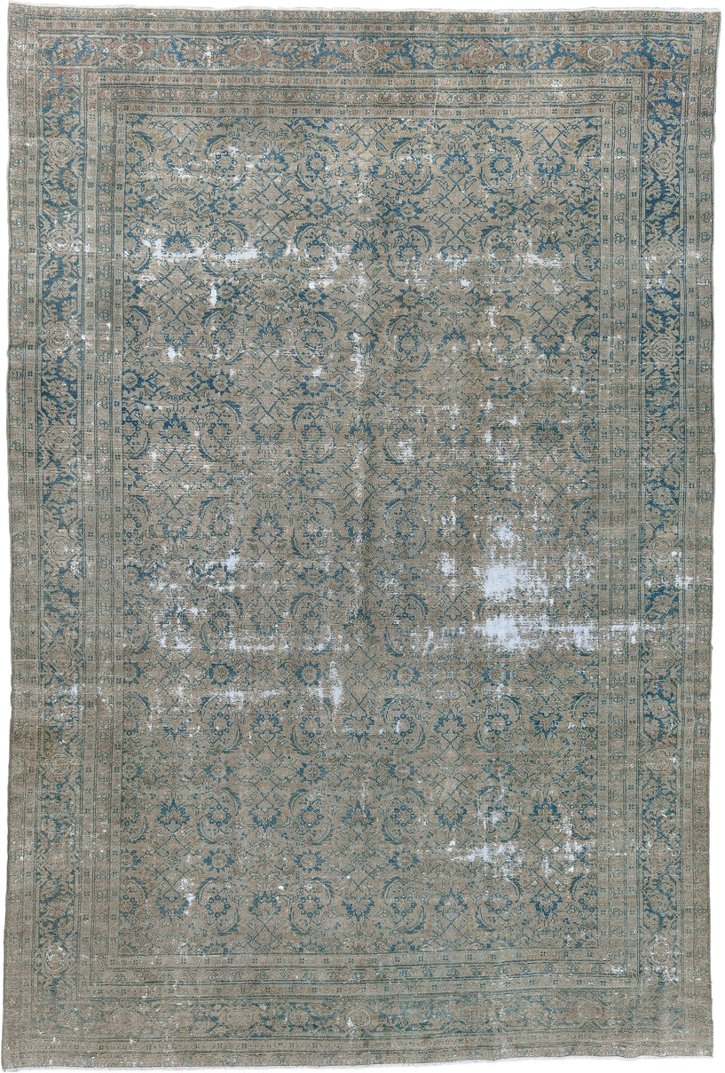 7' x 11' one-of-a-kind handmade antique Sivas large size rug. Color palette: taupe, blue, ivory, beige, slate, gray