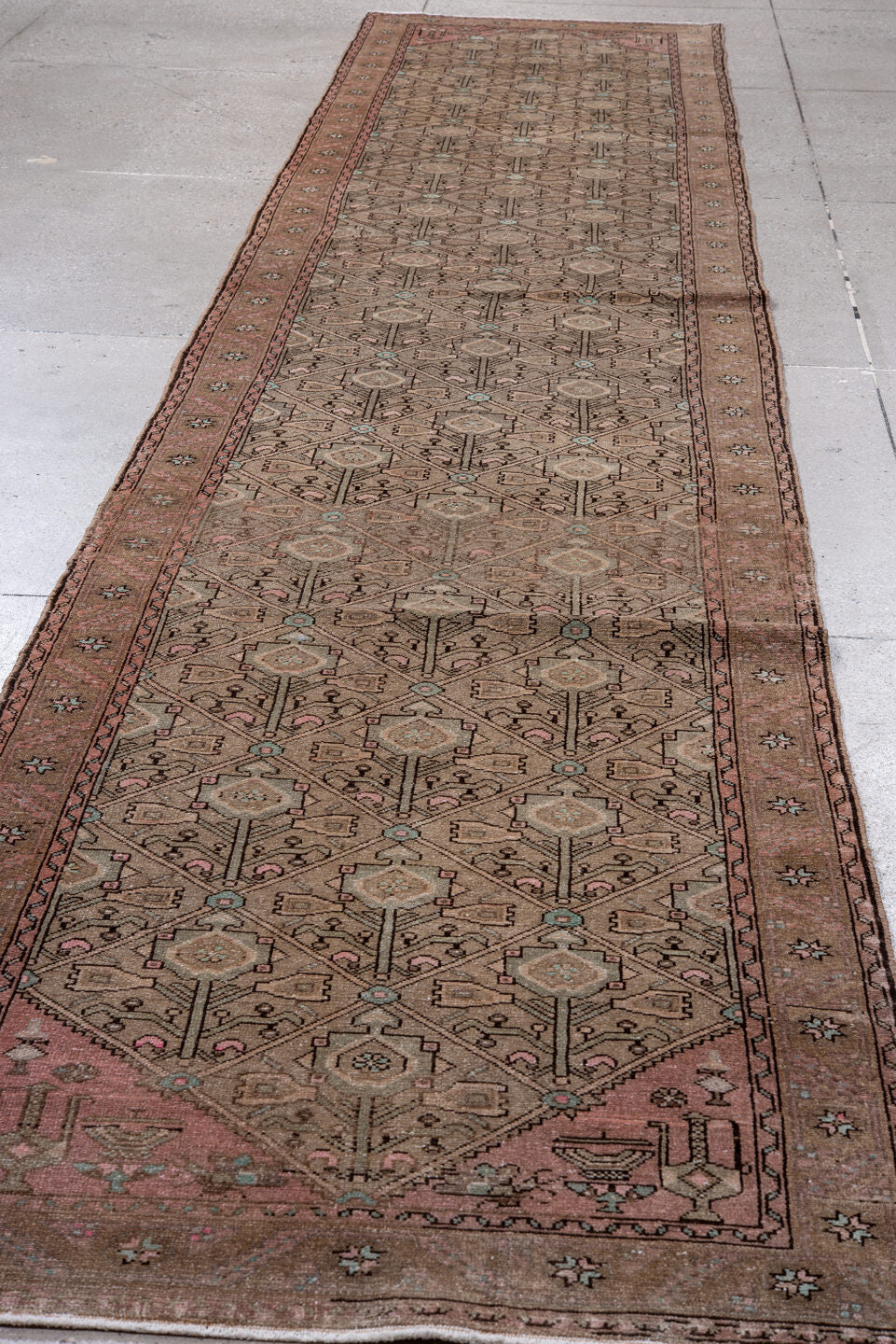 3' x 15' one-of-a-kind handmade vintage Malayer runner rug. Color palette: brown, gray, off-white, pink, snow, white