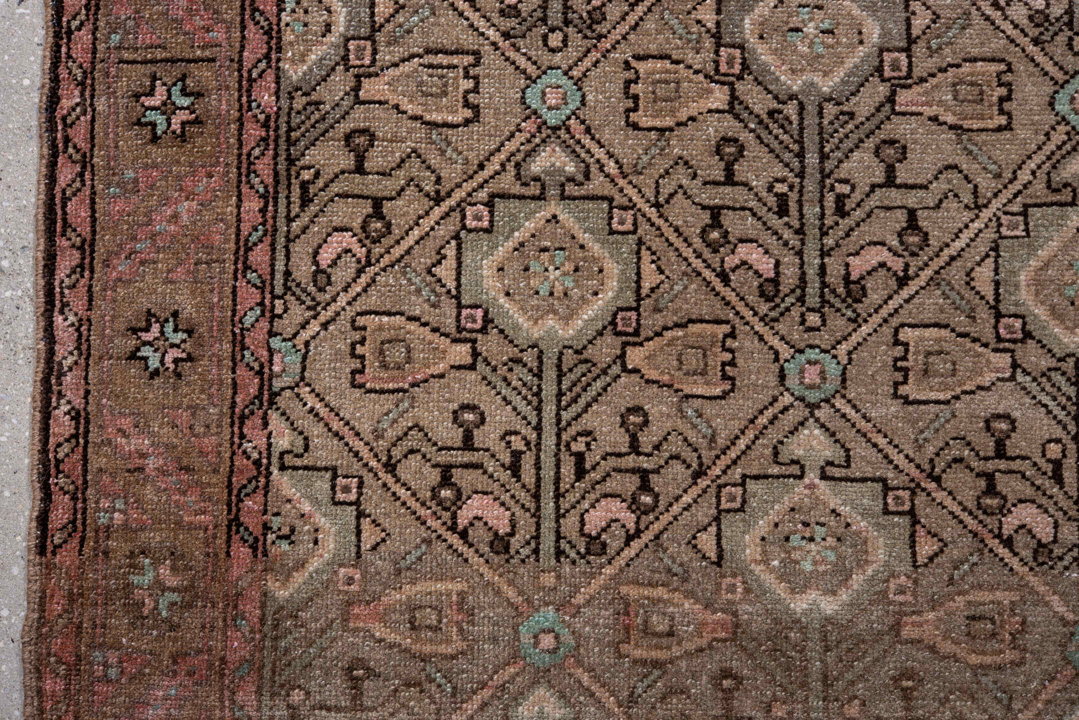 3' x 15' one-of-a-kind handmade vintage Malayer runner rug. Color palette: brown, gray, off-white, pink, snow, white