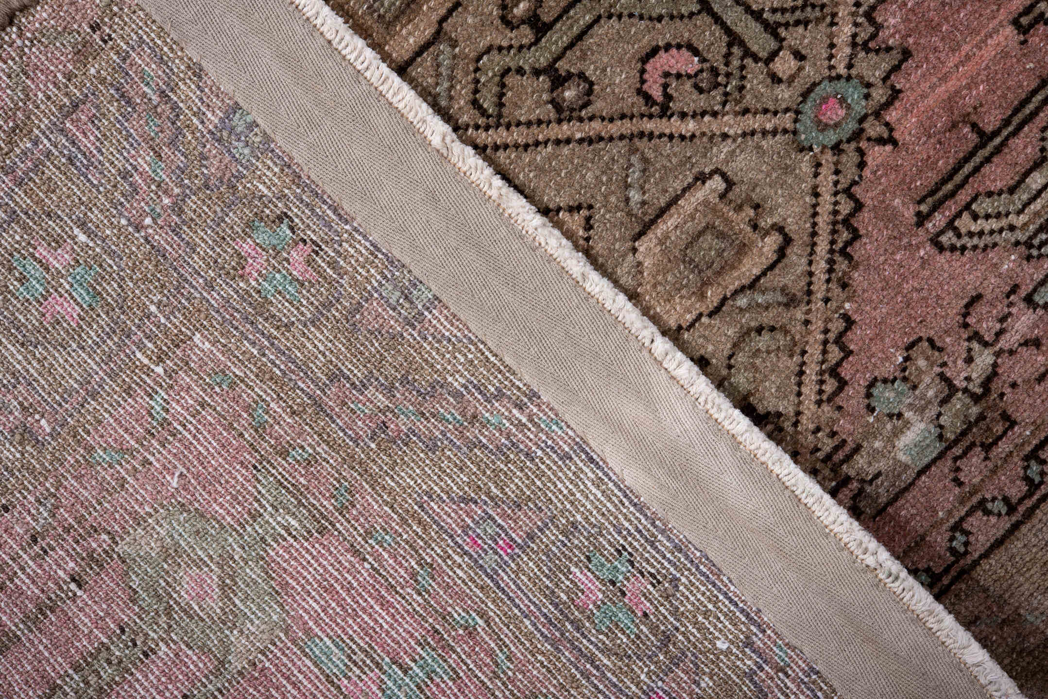 3' x 15' one-of-a-kind handmade vintage Malayer runner rug. Color palette: brown, gray, off-white, pink, snow, white