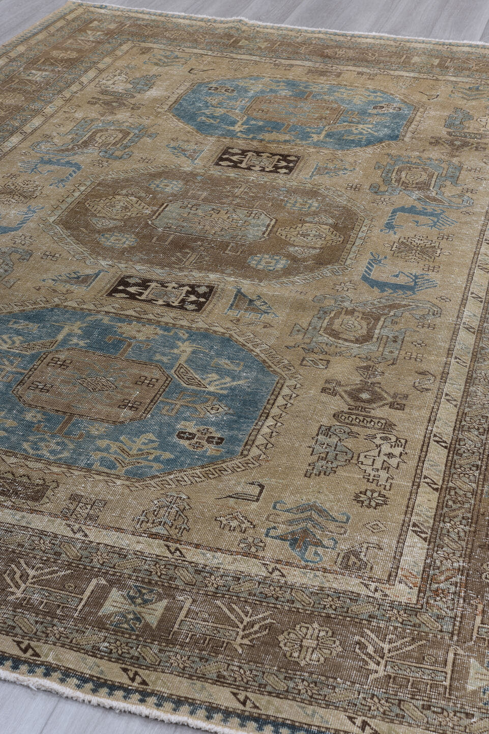 7' x 10' one-of-a-kind handmade vintage Ardebil large size rug. Color palette: ivory, taupe, brown, sky_blue, camel, slate