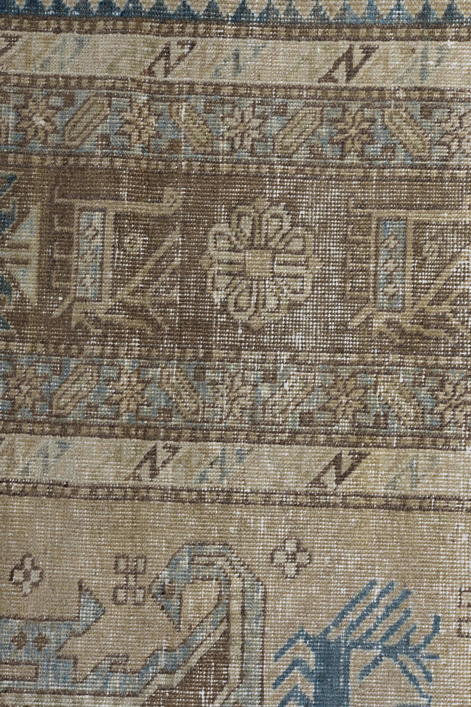 7' x 10' one-of-a-kind handmade vintage Ardebil large size rug. Color palette: ivory, taupe, brown, sky_blue, camel, slate
