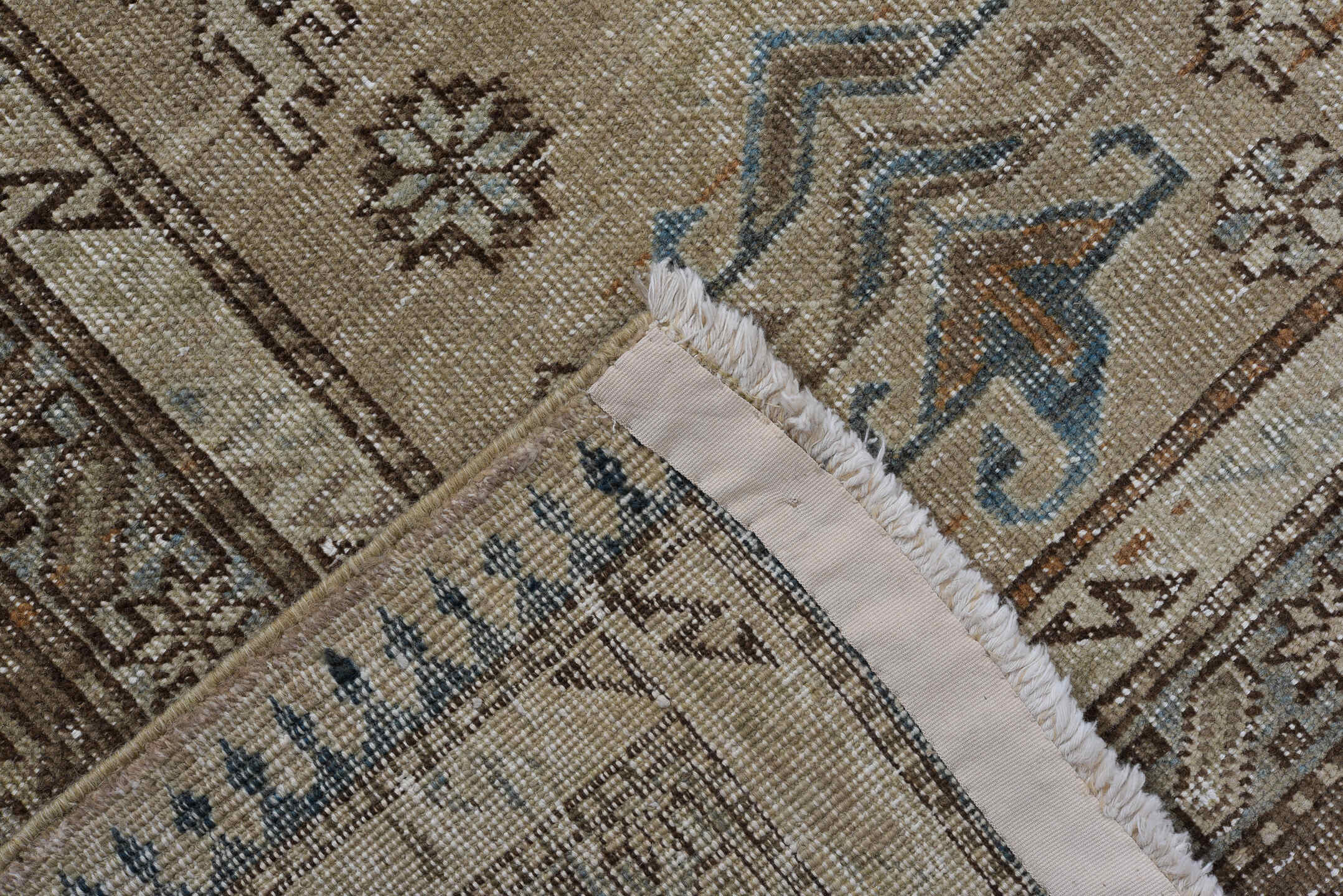 7' x 10' one-of-a-kind handmade vintage Ardebil large size rug. Color palette: ivory, taupe, brown, sky_blue, camel, slate