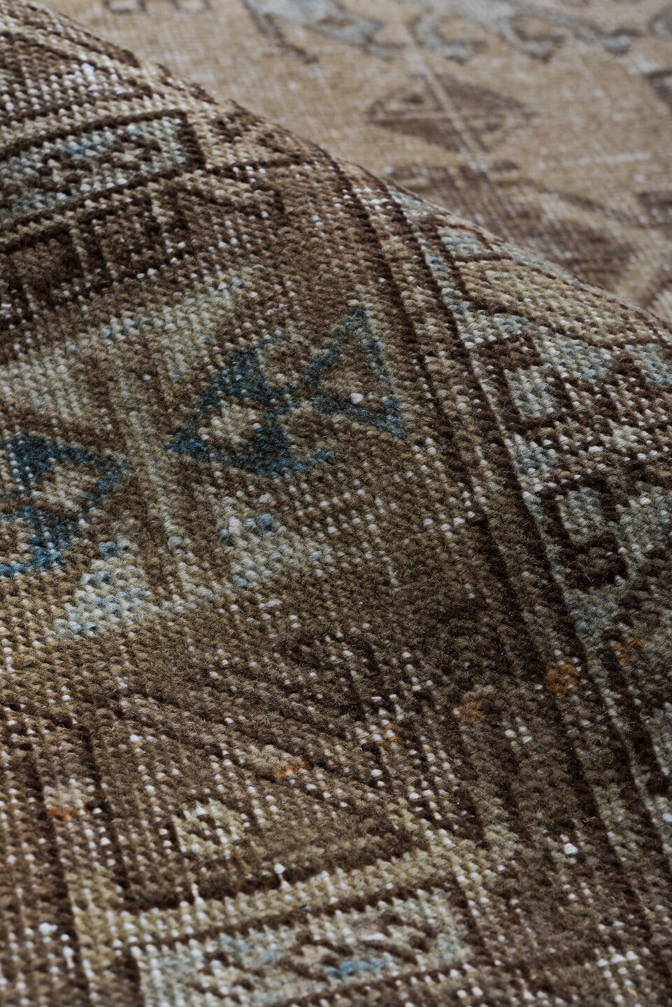 7' x 10' one-of-a-kind handmade vintage Ardebil large size rug. Color palette: ivory, taupe, brown, sky_blue, camel, slate
