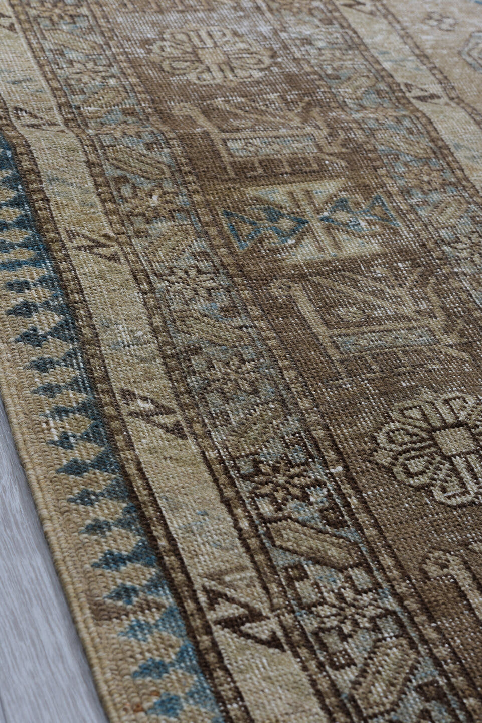 7' x 10' one-of-a-kind handmade vintage Ardebil large size rug. Color palette: ivory, taupe, brown, sky_blue, camel, slate