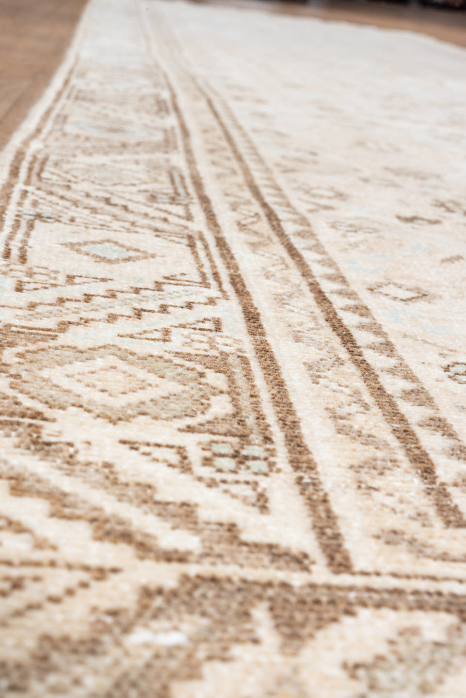 3' x 12' one-of-a-kind handmade antique Malayer runner rug. Color palette: ivory, beige, camel, taupe, pale blue, sand