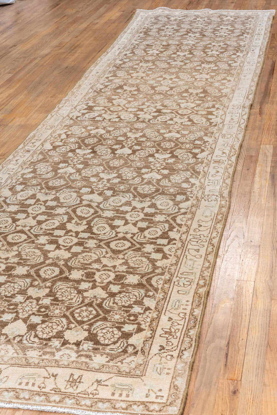 3' x 14' one-of-a-kind handmade vintage Malayer runner rug. Color palette: brown, gray, light gray, off-white, pink, snow