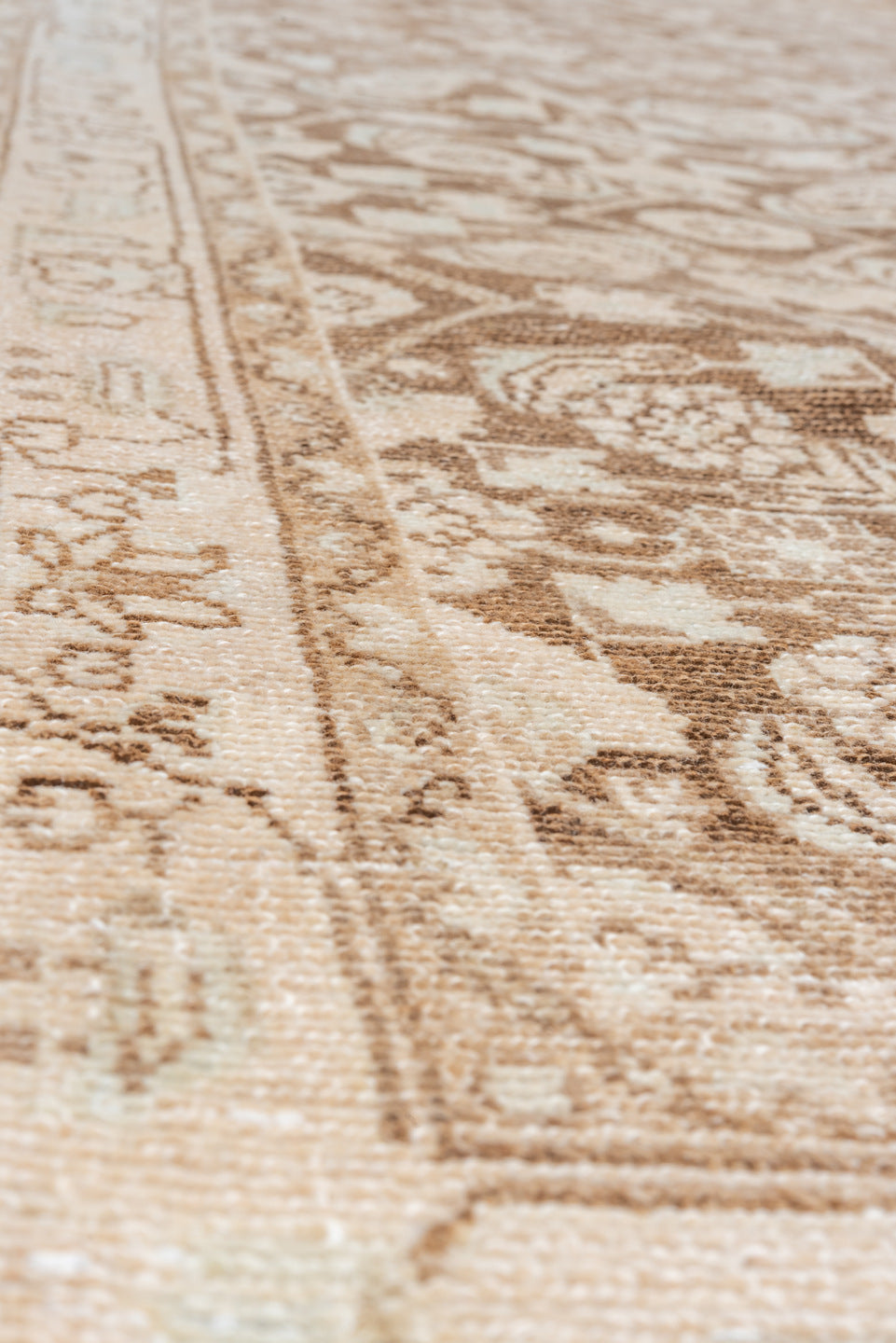 3' x 14' one-of-a-kind handmade vintage Malayer runner rug. Color palette: brown, gray, light gray, off-white, pink, snow