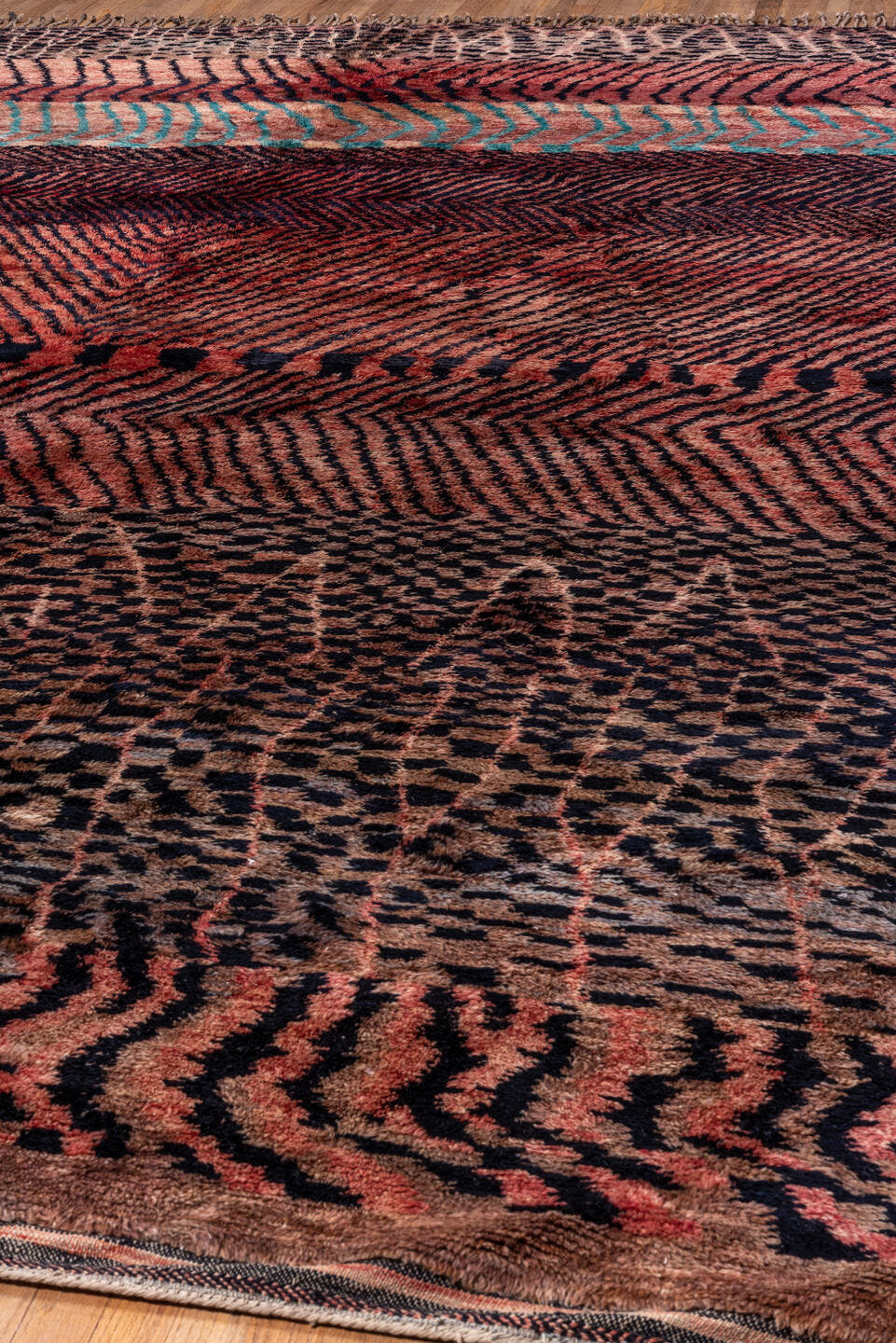 10' x 14' one-of-a-kind handmade vintage Moroccan large size rug. Color palette: rose, rust, brown, charcoal, turquoise