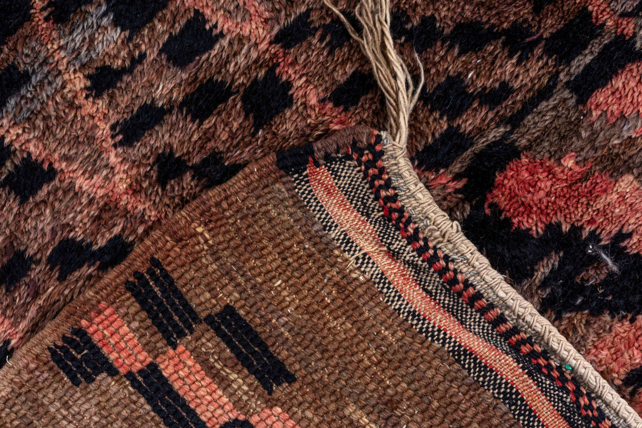 10' x 14' one-of-a-kind handmade vintage Moroccan large size rug. Color palette: rose, rust, brown, charcoal, turquoise