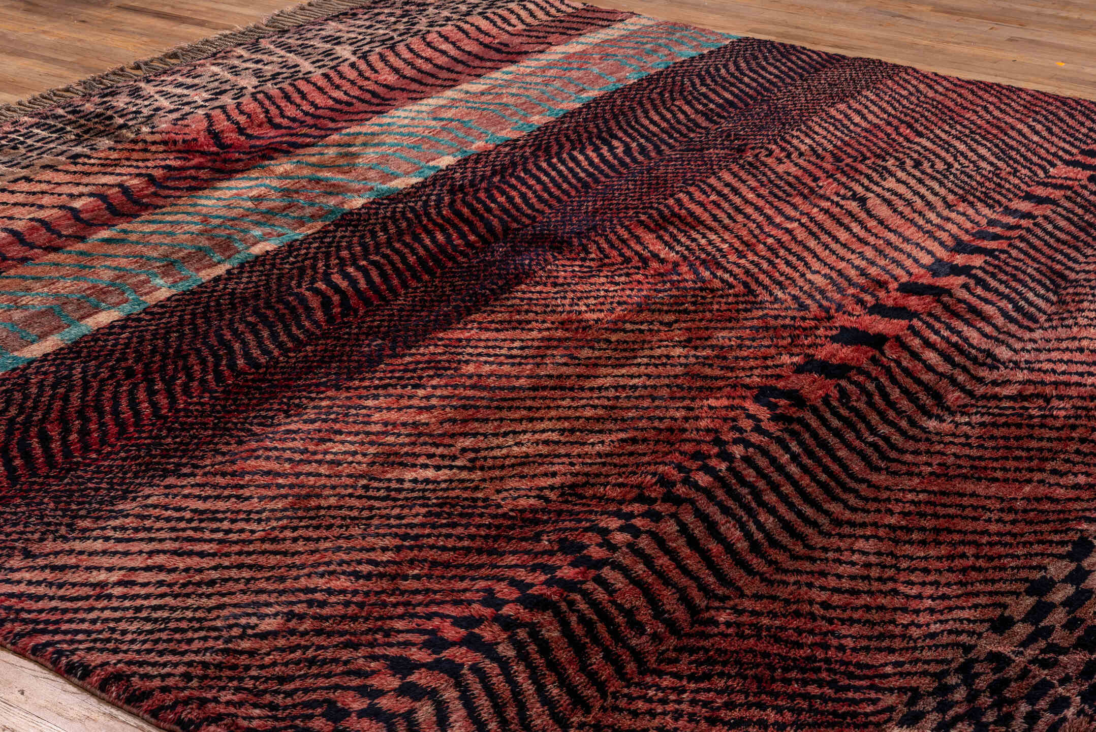 10' x 14' one-of-a-kind handmade vintage Moroccan large size rug. Color palette: rose, rust, brown, charcoal, turquoise