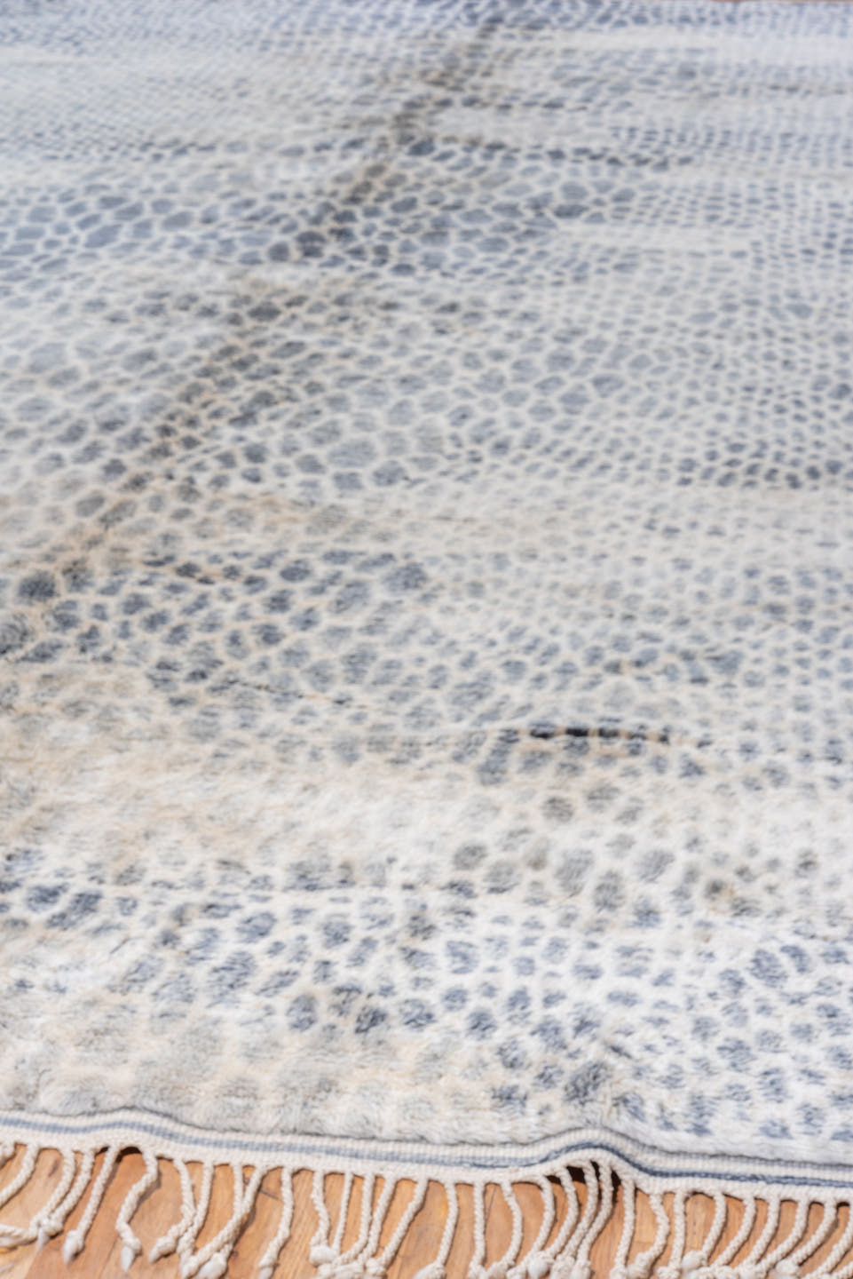 10' x 15' one-of-a-kind handmade vintage Moroccan rug. Color palette: ivory, slate, blue, charcoal, cream, taupe, gray