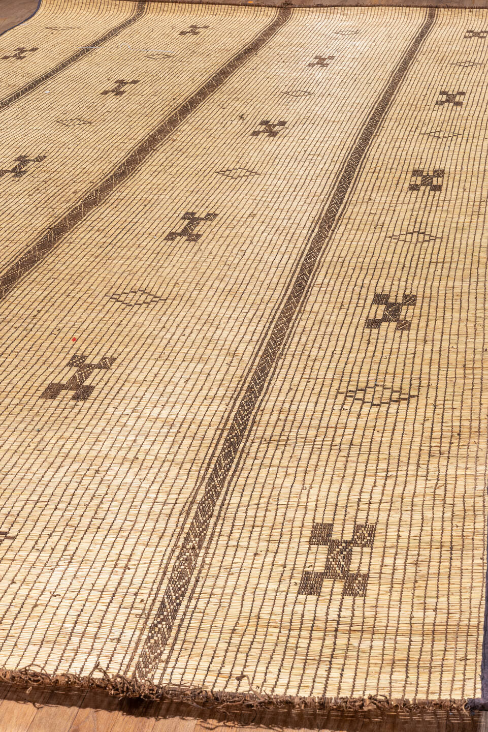 7' x 15' one-of-a-kind handmade vintage Tuareg rug. Color palette: camel, brown, tan, taupe, charcoal, beige, gray, black