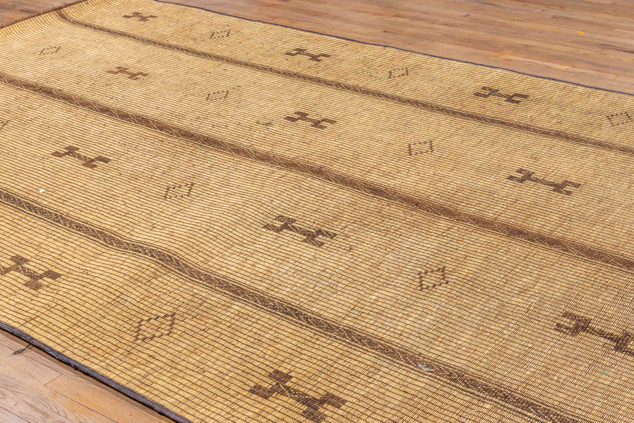 7' x 15' one-of-a-kind handmade vintage Tuareg rug. Color palette: camel, brown, tan, taupe, charcoal, beige, gray, black