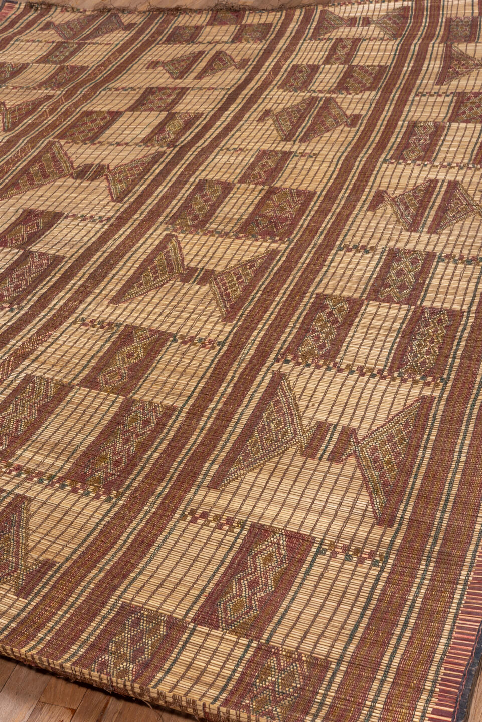 6' x 10' one-of-a-kind handmade vintage Tuareg large size rug. Color palette: brown, off-white, orange, peach puff, tan