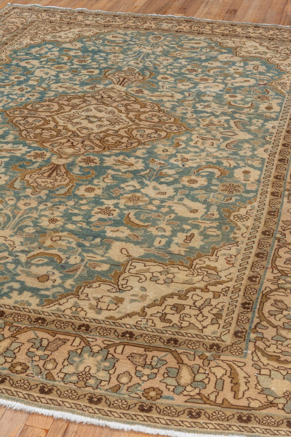 7' x 9' one-of-a-kind handmade vintage Malayer rug. Color palette: ivory, sky blue, tan, camel, taupe, brown, light blue