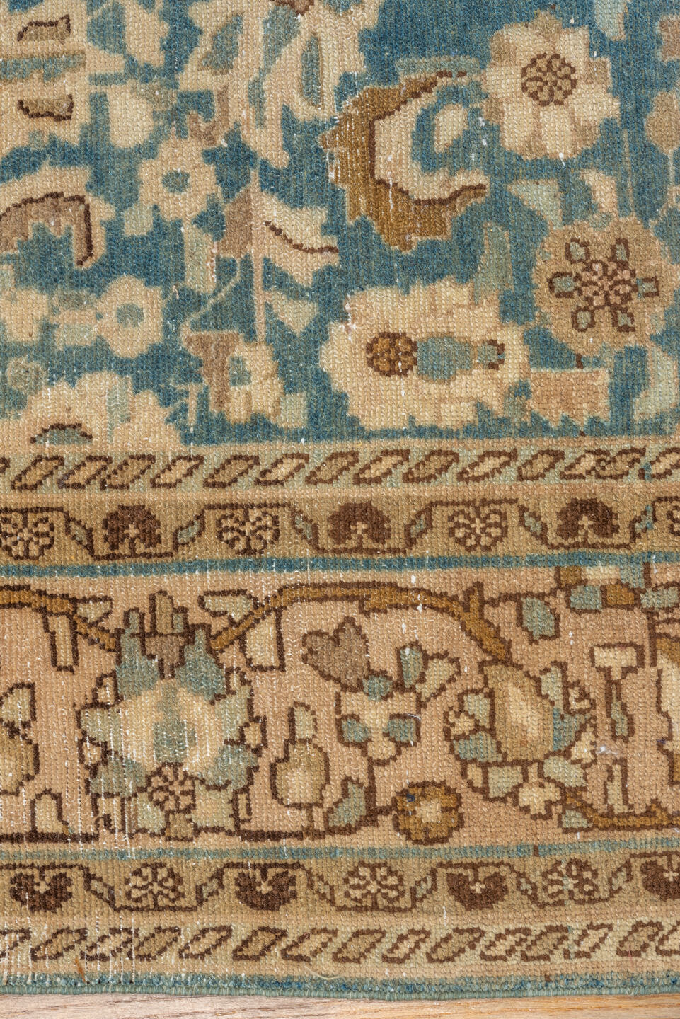 7' x 9' one-of-a-kind handmade vintage Malayer rug. Color palette: ivory, sky blue, tan, camel, taupe, brown, light blue