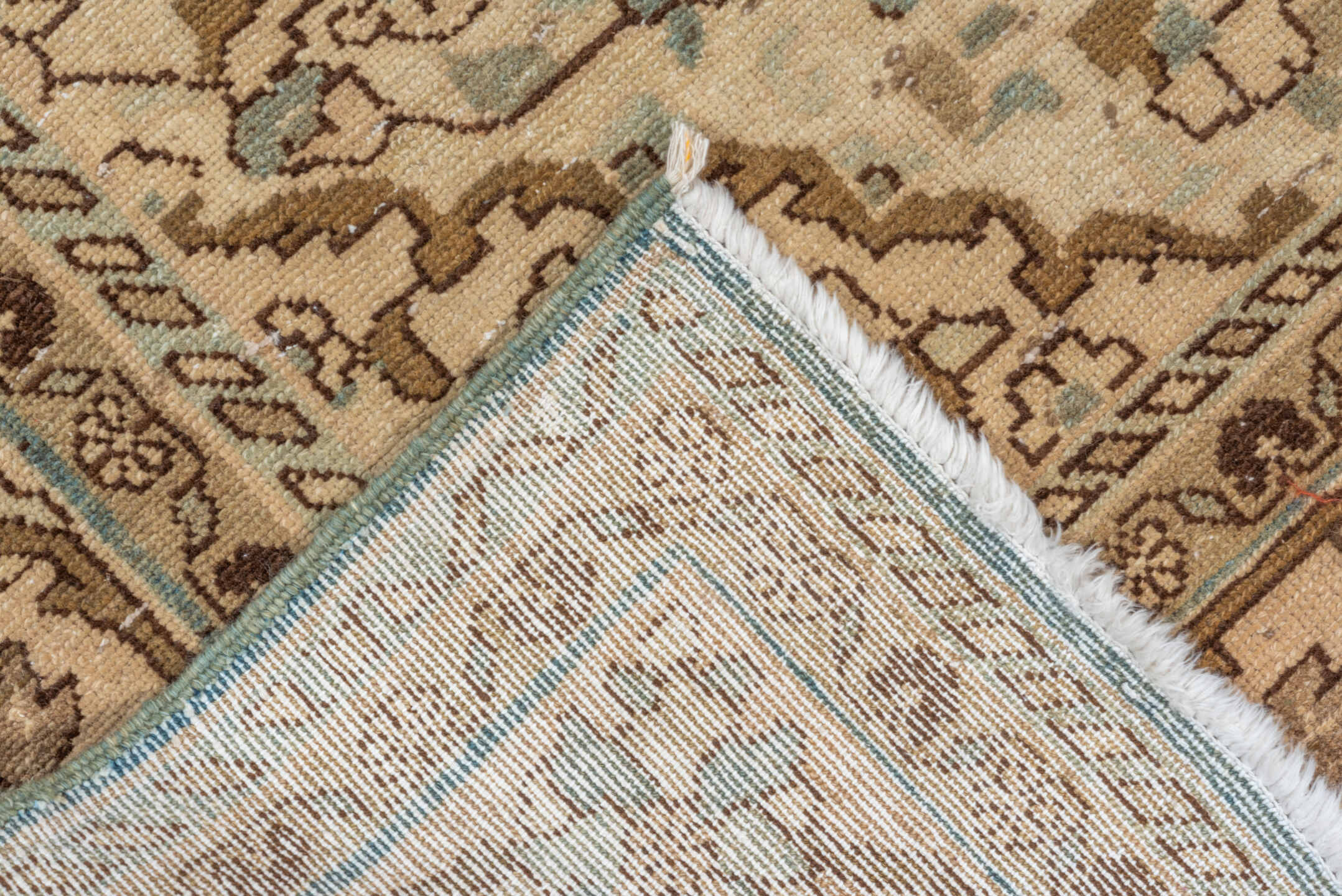 7' x 9' one-of-a-kind handmade vintage Malayer rug. Color palette: ivory, sky blue, tan, camel, taupe, brown, light blue
