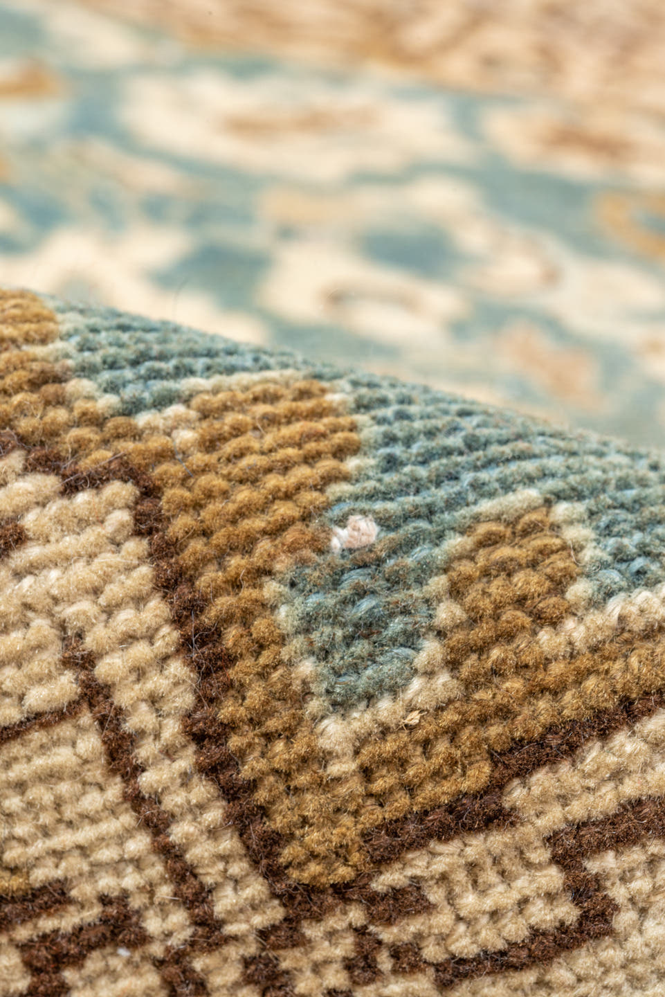 7' x 9' one-of-a-kind handmade vintage Malayer rug. Color palette: ivory, sky blue, tan, camel, taupe, brown, light blue