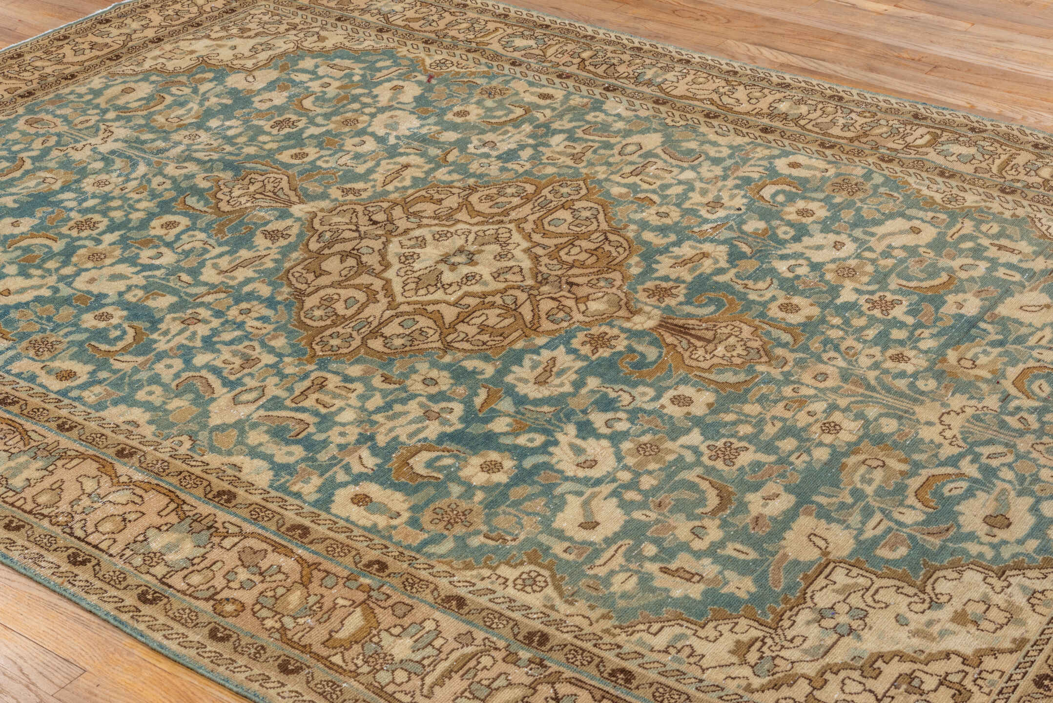 7' x 9' one-of-a-kind handmade vintage Malayer rug. Color palette: ivory, sky blue, tan, camel, taupe, brown, light blue