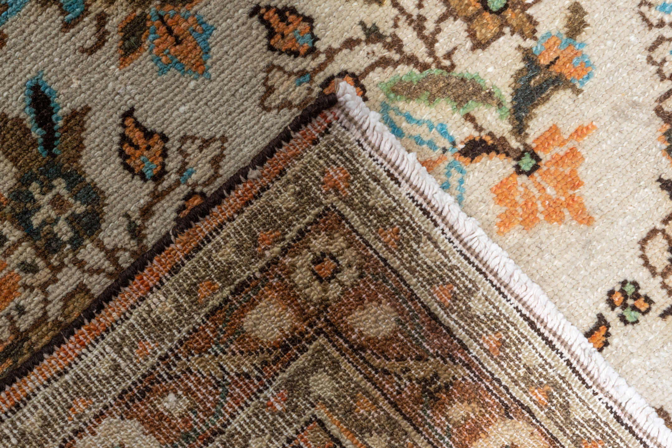 2' x 25' one-of-a-kind handmade vintage Lilian runner rug. Color palette: ivory, brown, taupe, sky blue, camel, charcoal