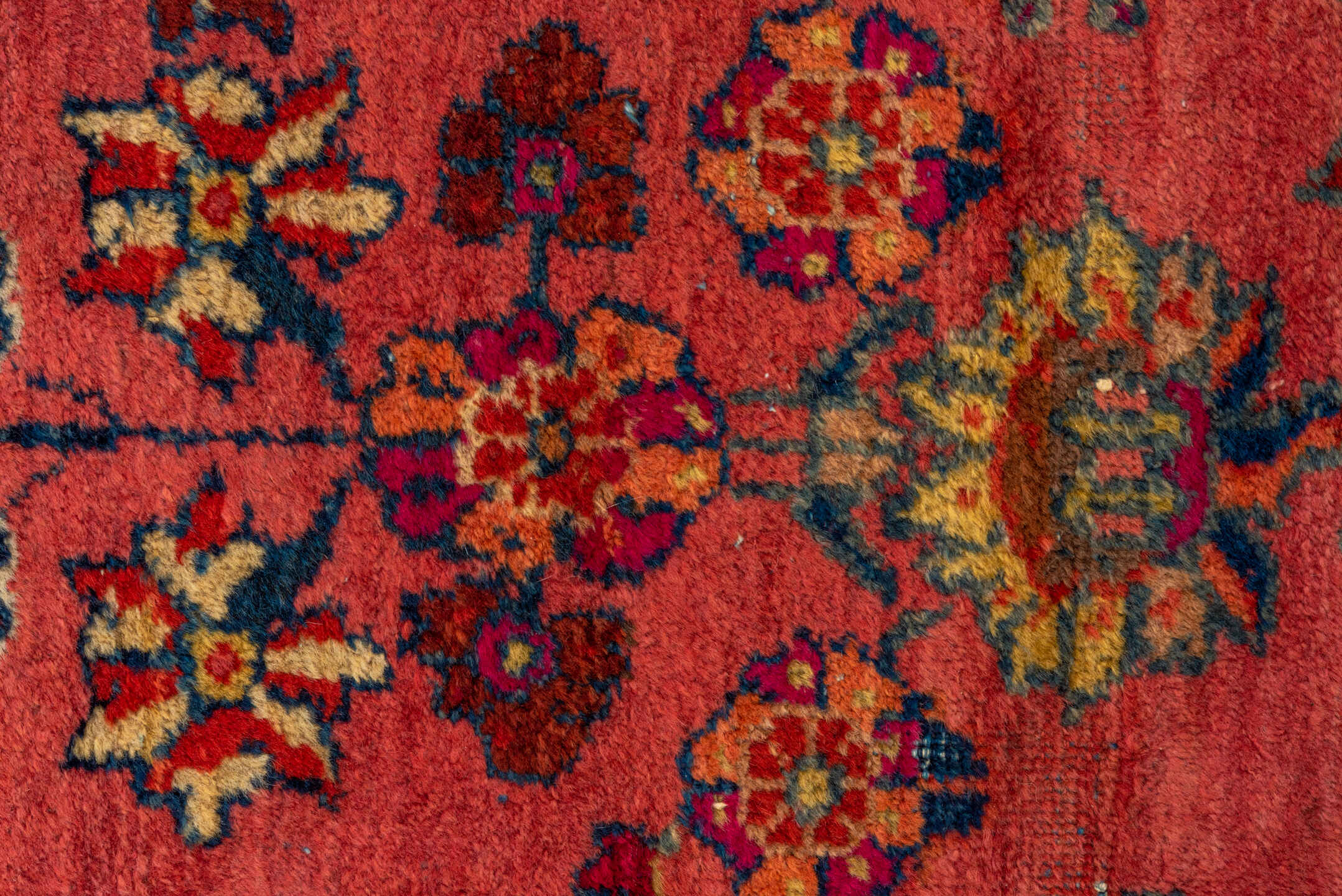8' x 9' one-of-a-kind handmade vintage Mahal rug. Color palette: rose, navy, ivory, rust, gold, coral, saffron, burgundy