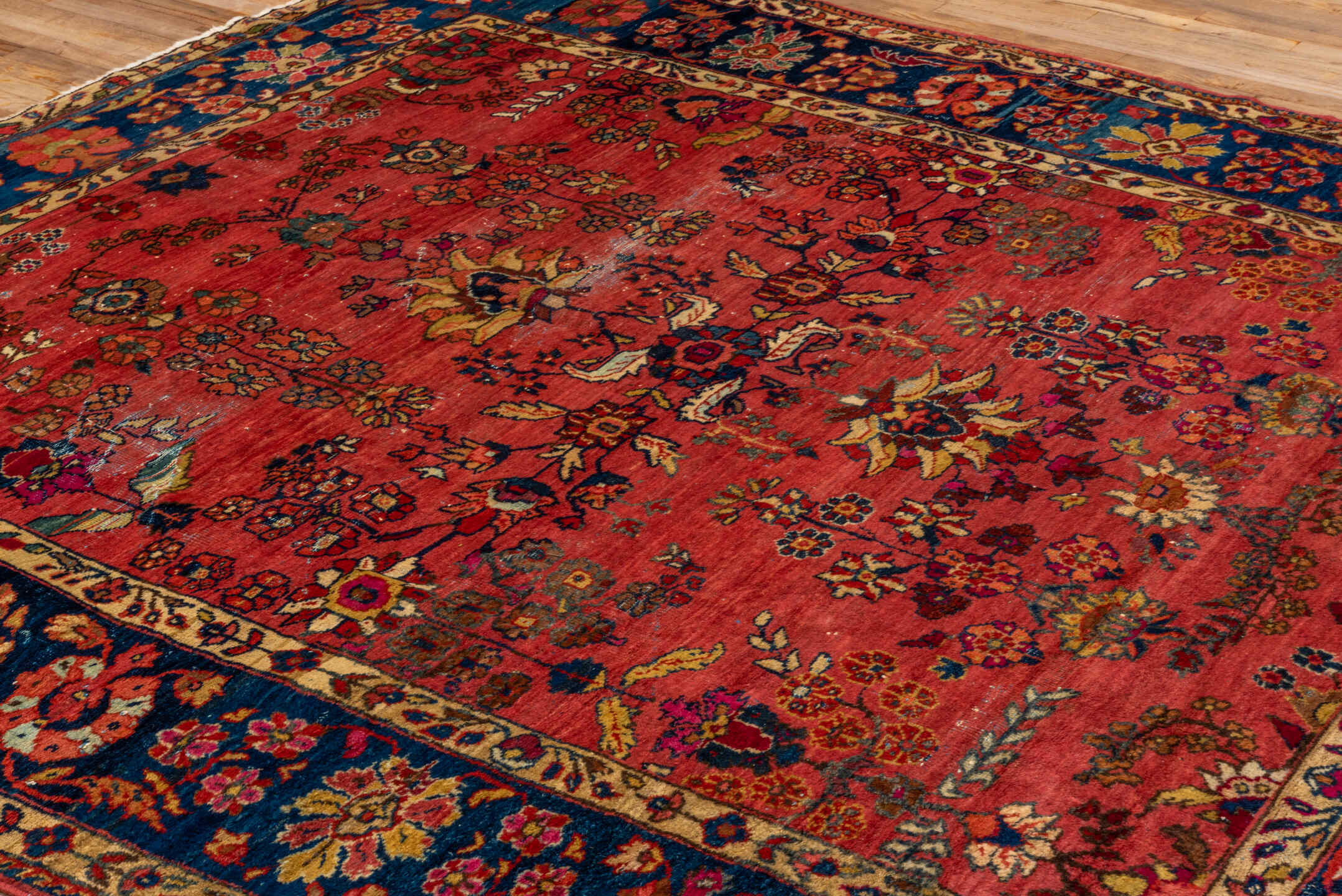8' x 9' one-of-a-kind handmade vintage Mahal rug. Color palette: rose, navy, ivory, rust, gold, coral, saffron, burgundy