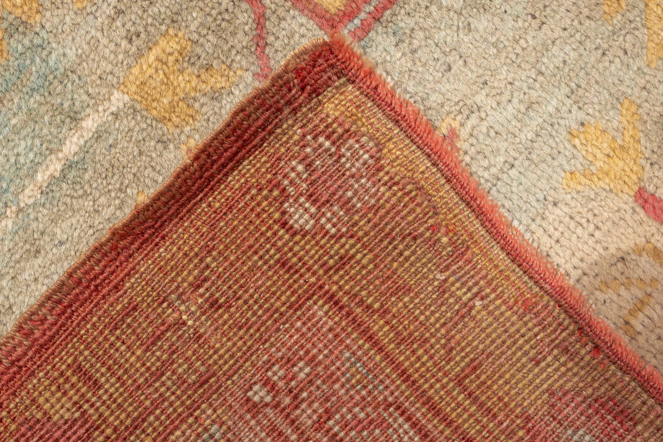 13' x 13' one-of-a-kind handmade antique Oushak oversize rug. Color palette: terracotta, aqua, gold, ivory, camel, sage