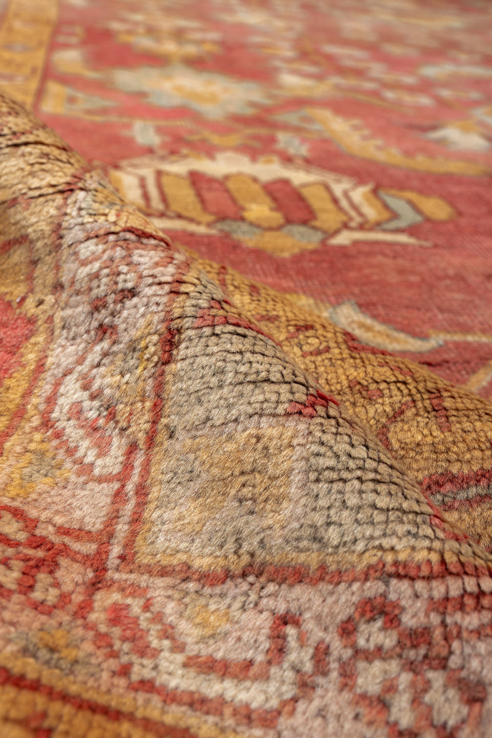 13' x 13' one-of-a-kind handmade antique Oushak oversize rug. Color palette: terracotta, aqua, gold, ivory, camel, sage