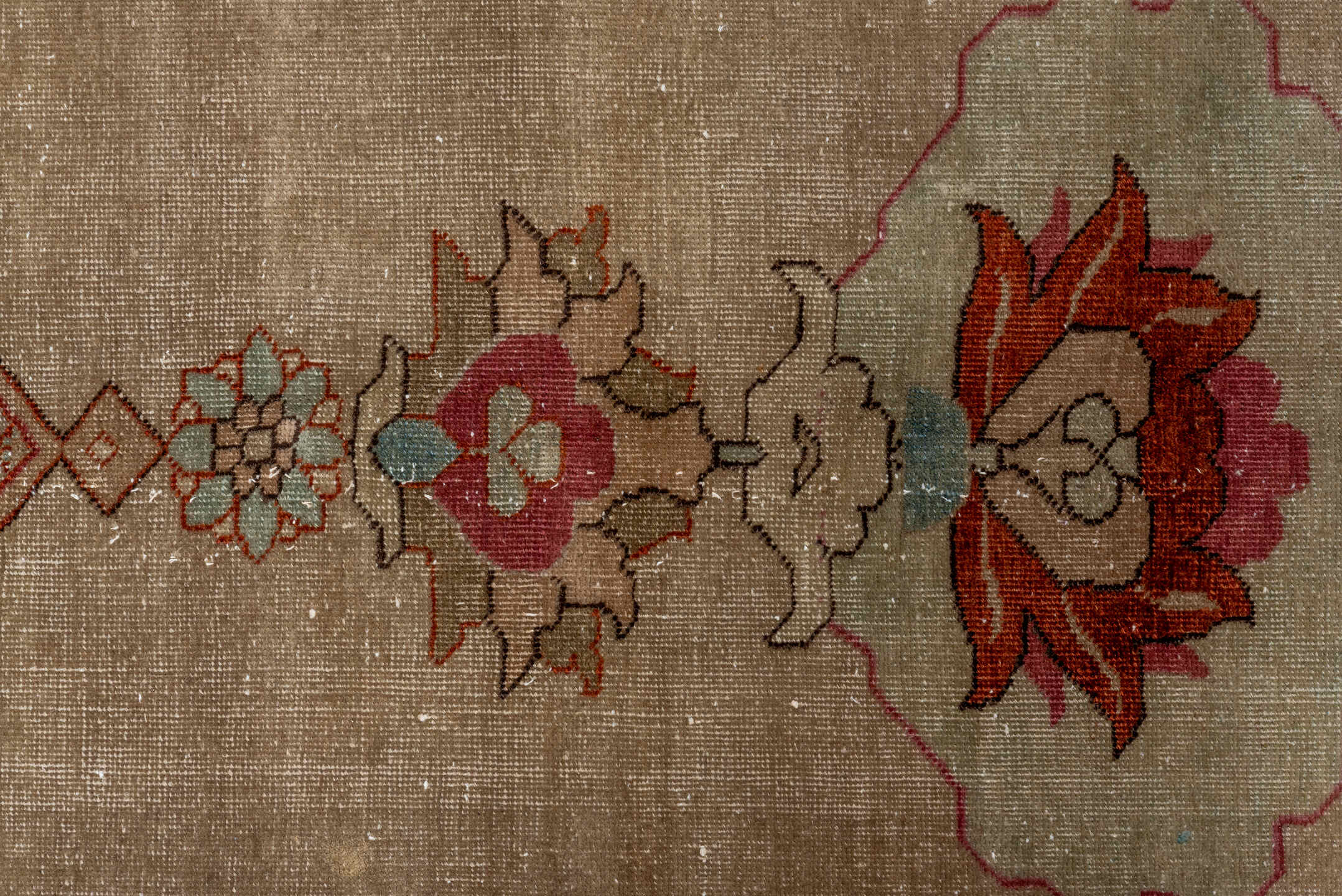 8' x 12' one-of-a-kind handmade antique Tabriz large size rug. Color palette: taupe, ivory, soft blue, rust, rose, brown