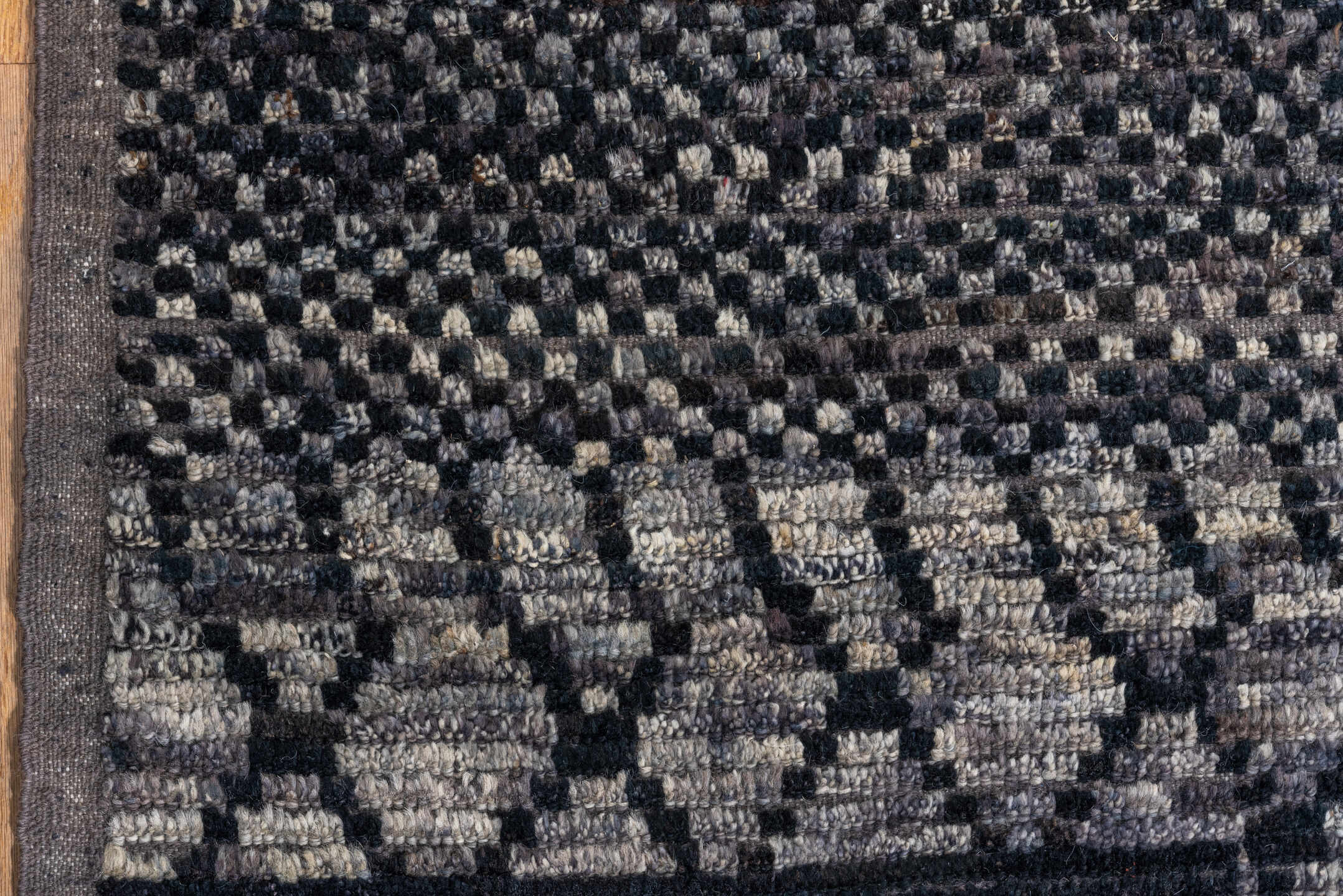 12' x 15' one-of-a-kind handmade vintage Tulu oversize rug. Color palette: black, blue, charcoal, dark gray, dim gray, gray