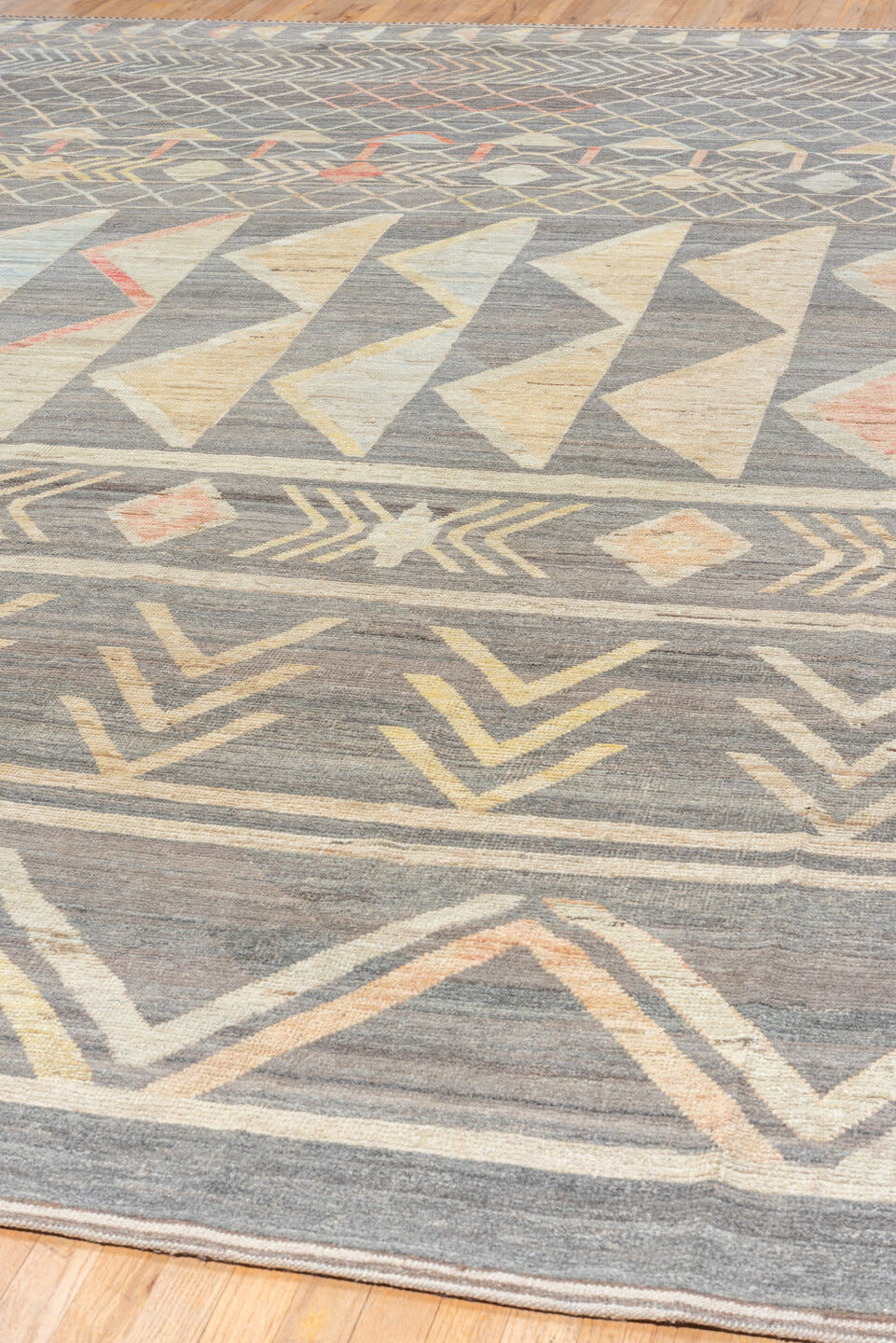 10' x 13' one-of-a-kind handmade vintage Tulu large size rug. Color palette: gray, ivory, blush, pale gold, light blue