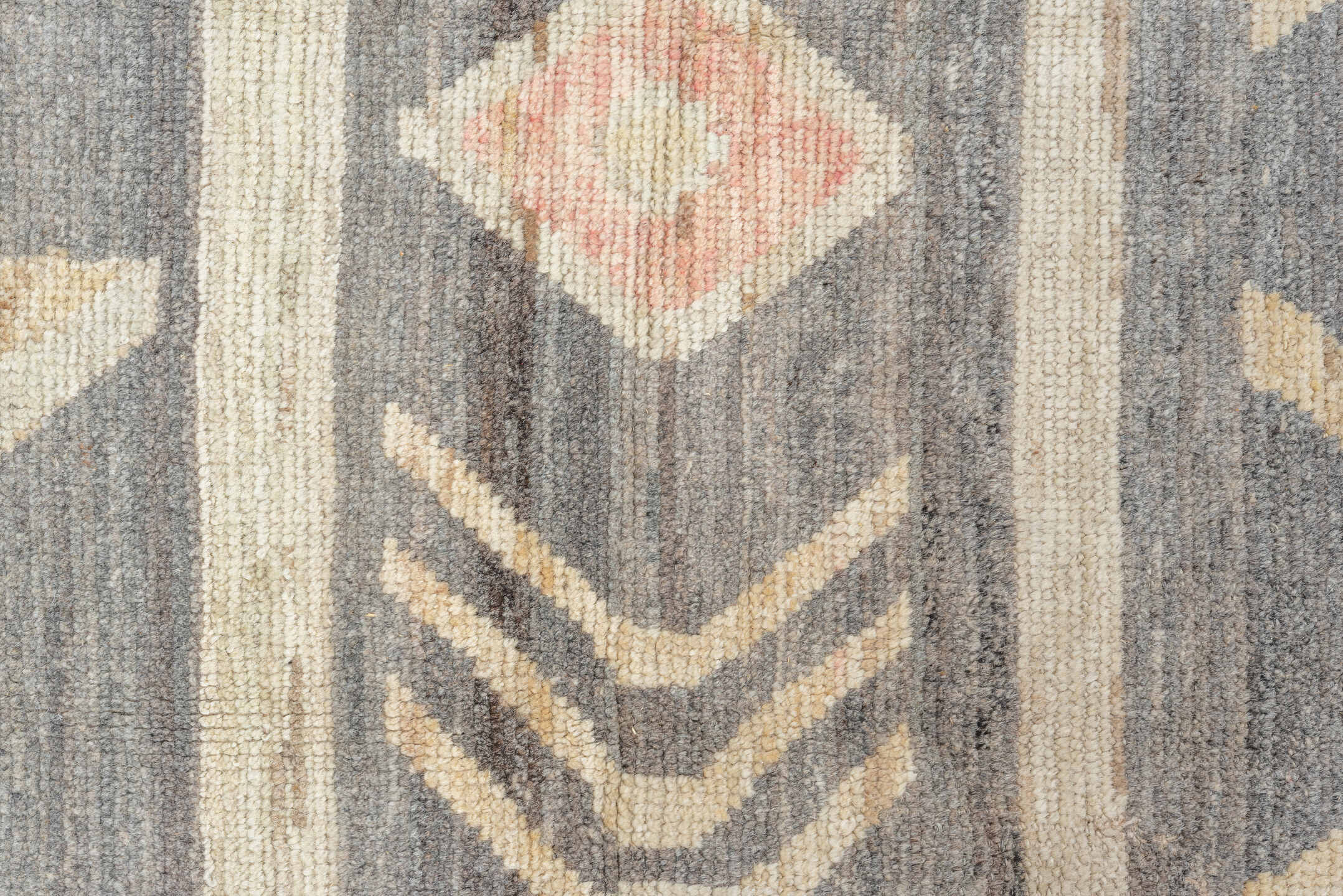 10' x 13' one-of-a-kind handmade vintage Tulu large size rug. Color palette: gray, ivory, blush, pale gold, light blue