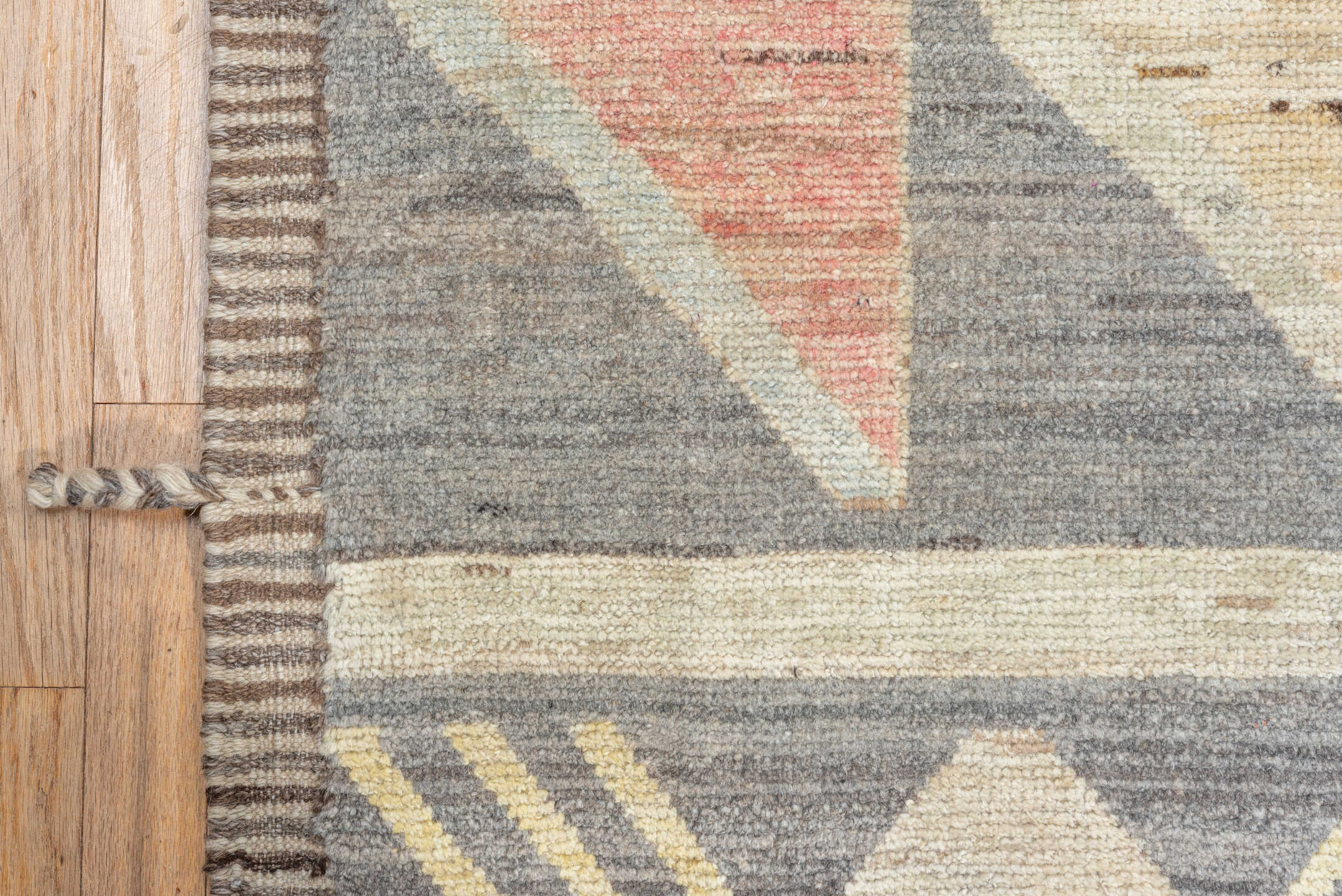 10' x 13' one-of-a-kind handmade vintage Tulu large size rug. Color palette: gray, ivory, blush, pale gold, light blue